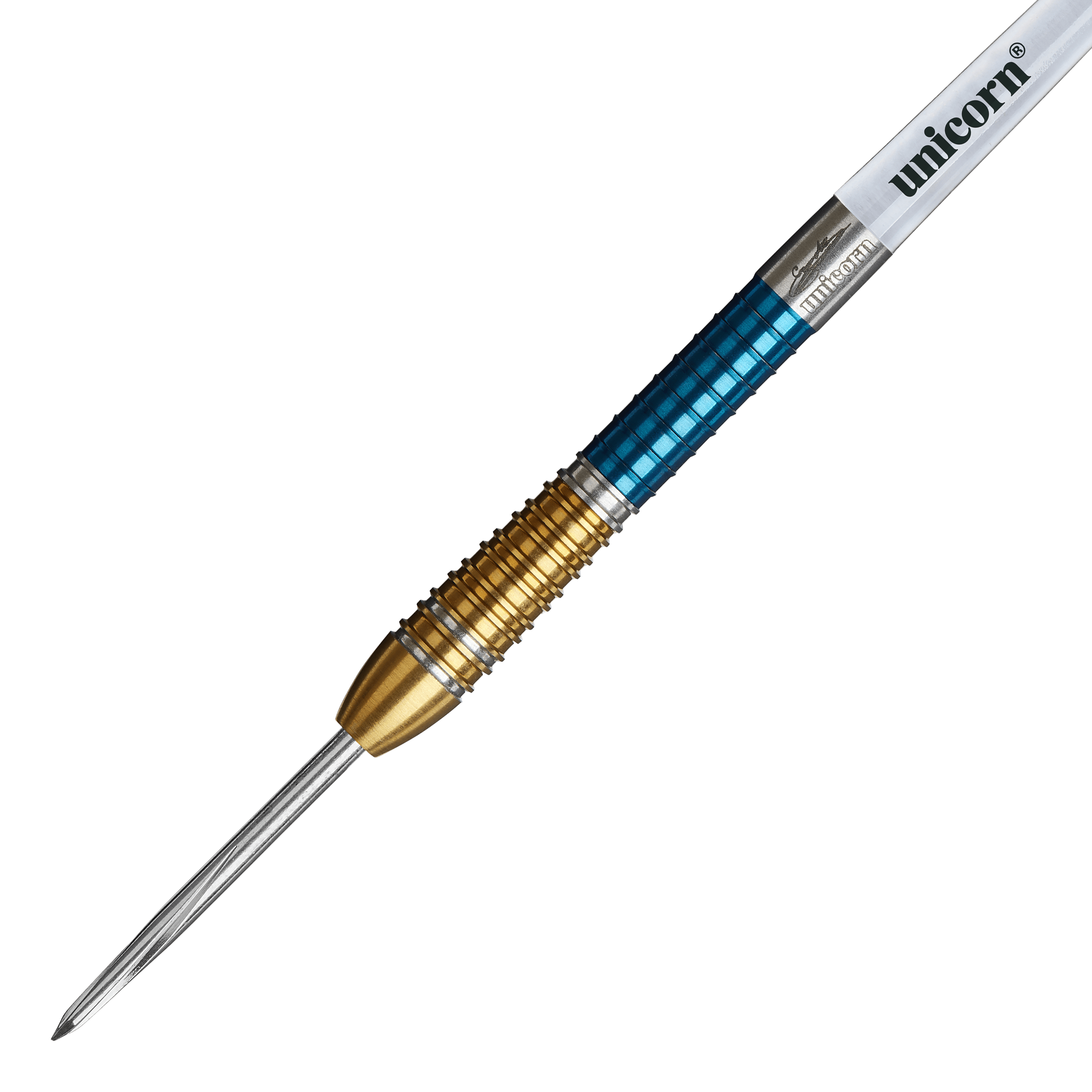 Unicorn Gary Anderson Duo Phase 6 Steeldarts Dies ist ein Unicorn Gary Anderson Duo Phase 6 Steeldart. Der Dart hat einen goldenen und blauen Griffbereich sowie eine silberne Spitze.