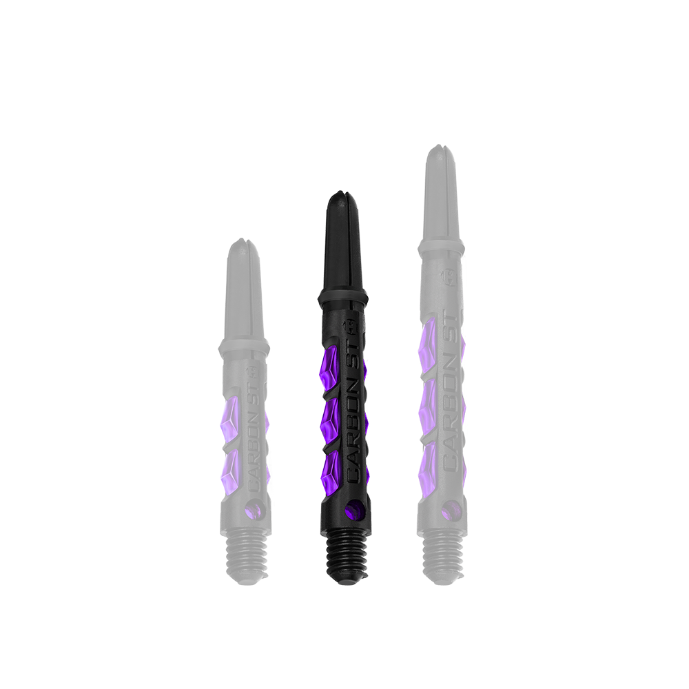 HR426_Harrows_Carbon_ST_Shafts_Lila_40mm_1 Das Bild zeigt drei schwarze Dartschäfte mit lila Akzenten. Auf den Schäften steht „CARBON ST“.