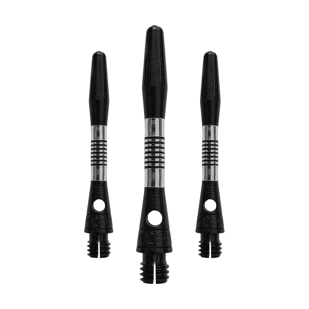 Bulls NL Cetra Aluminium Shafts - Zwart Das Bild zeigt ein Set von schwarzen Aluminium-Dartschäften. Alle Schäfte haben eine Länge von 34mm.