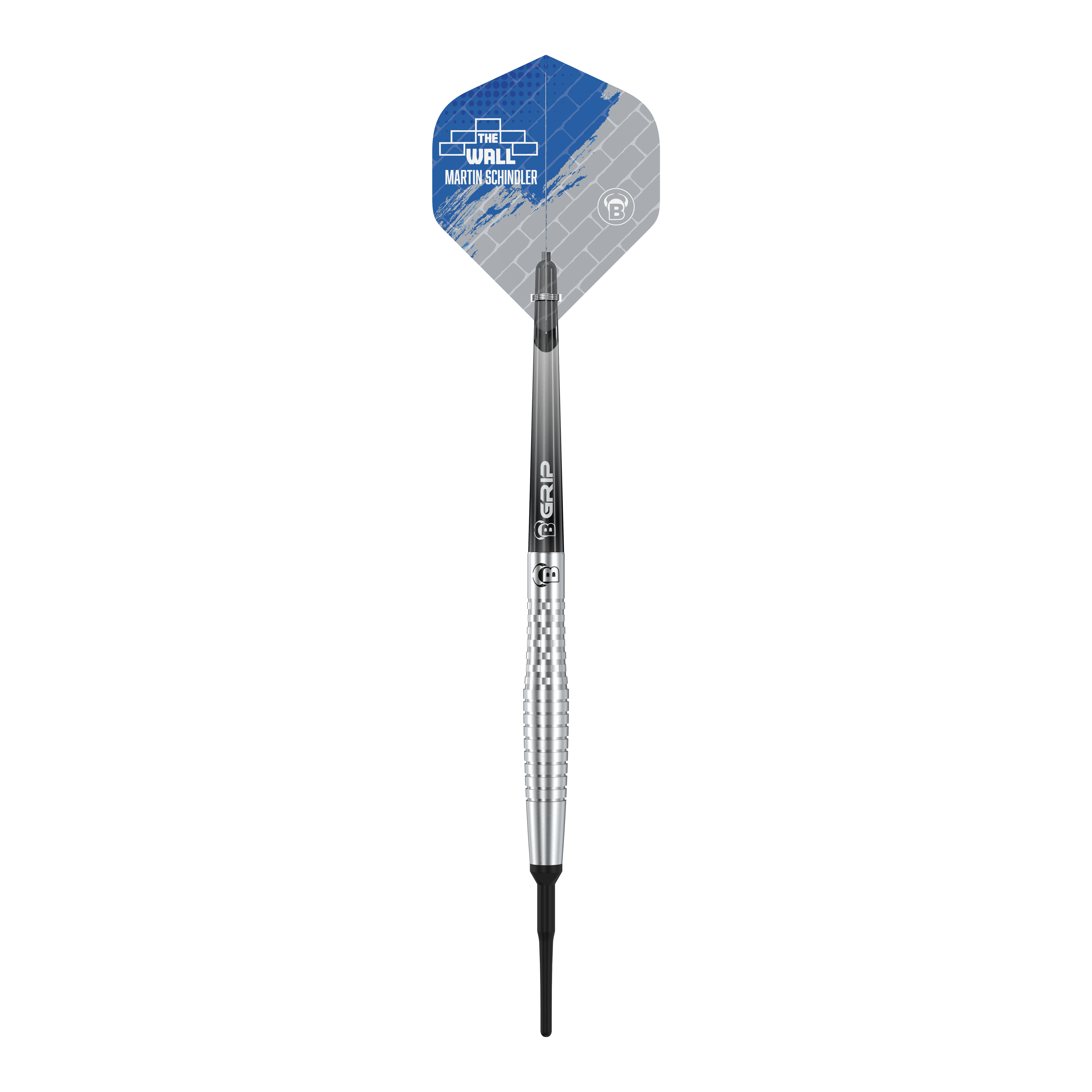 Bulls Martin Schindler Original Generation 2 zachte darts Das Bild zeigt einen Bulls Martin Schindler Original Generation 2 Softdart. Der Dartpfeil hat ein silbernes, geriffeltes Barrel und ein Flight mit blau-grauem Design.