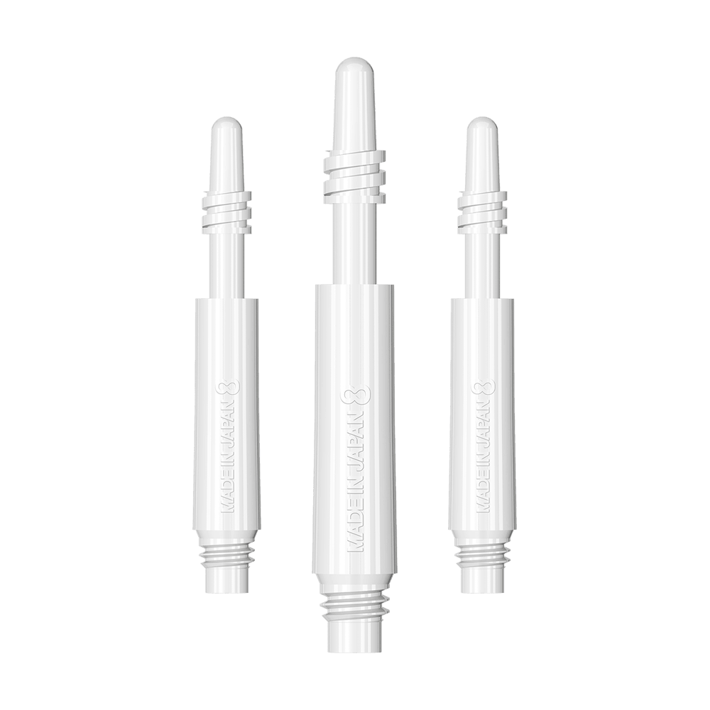 400315_8Flight_Regular_Spin_Shafts_White_19mm_1 Das Bild zeigt drei weiße 8 Flight Regular Spin Shafts. Die Schäfte sind schlank und haben eine glatte Oberfläche mit der Aufschrift "MADE IN JAPAN".