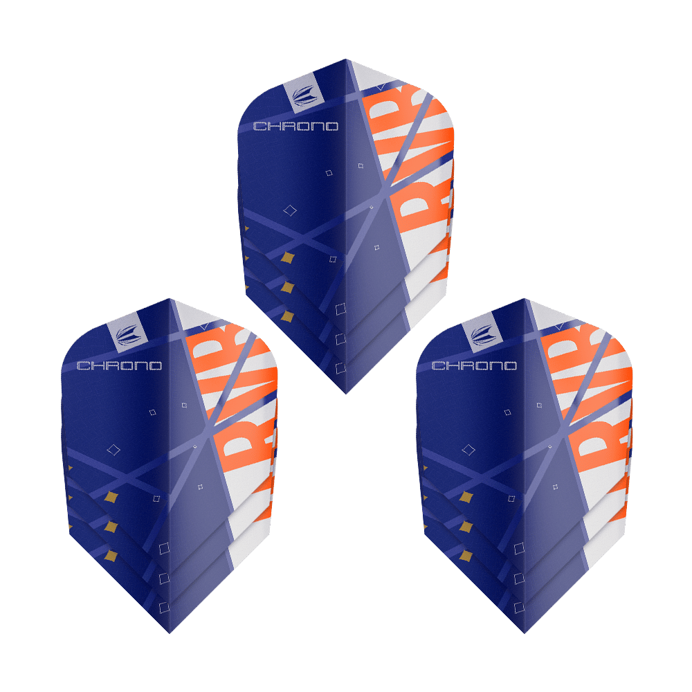 Das Bild zeigt drei Sätze Target Pro Ultra Raymond Van Barneveld Chrono Ten-X Standard Flights. Die Flights sind überwiegend blau mit weißen und orangefarbenen Akzenten gestaltet.
