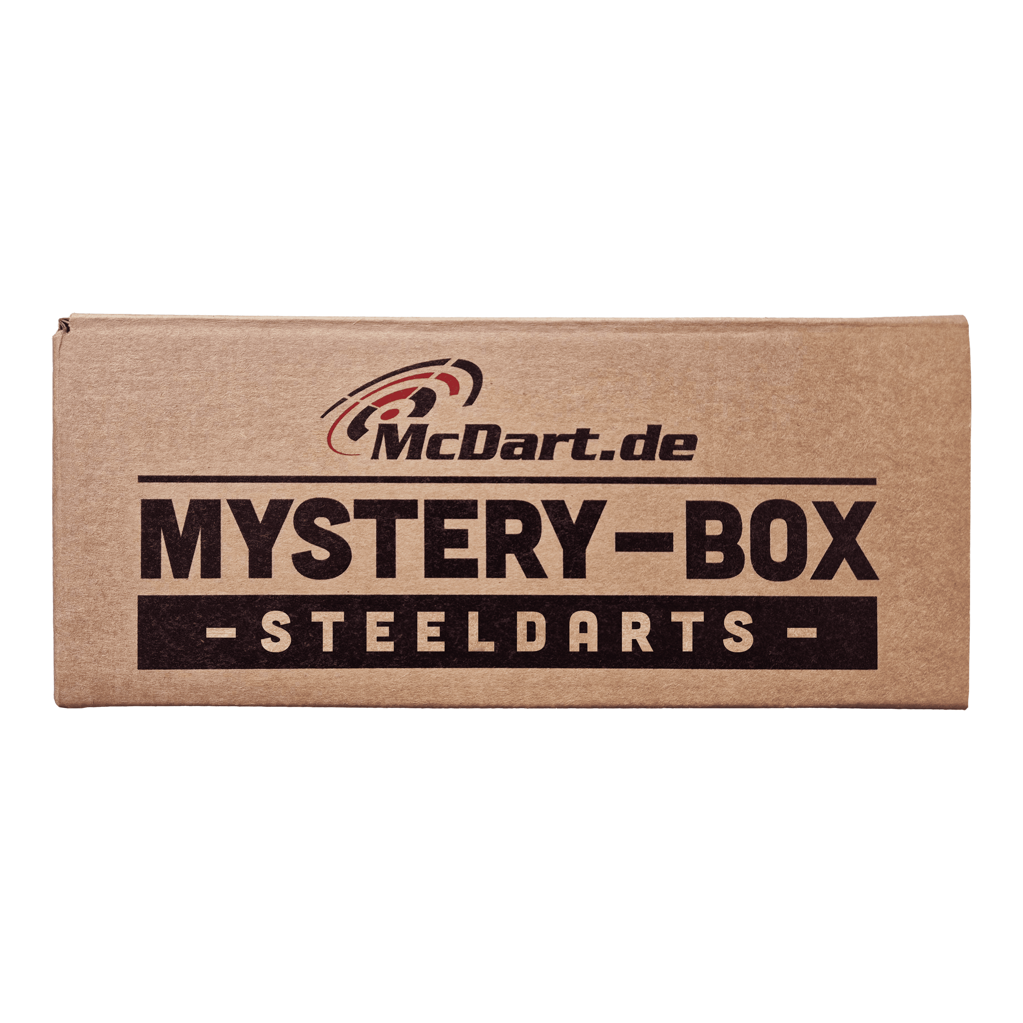 McDart Mystery Box - Zachte darts Die Abbildung zeigt eine braune Box mit der Aufschrift „McDart Mystery-Box - Steeldarts“. Die Verpackung sieht einfach aus und ist speziell für Steeldarts-Fans gestaltet.