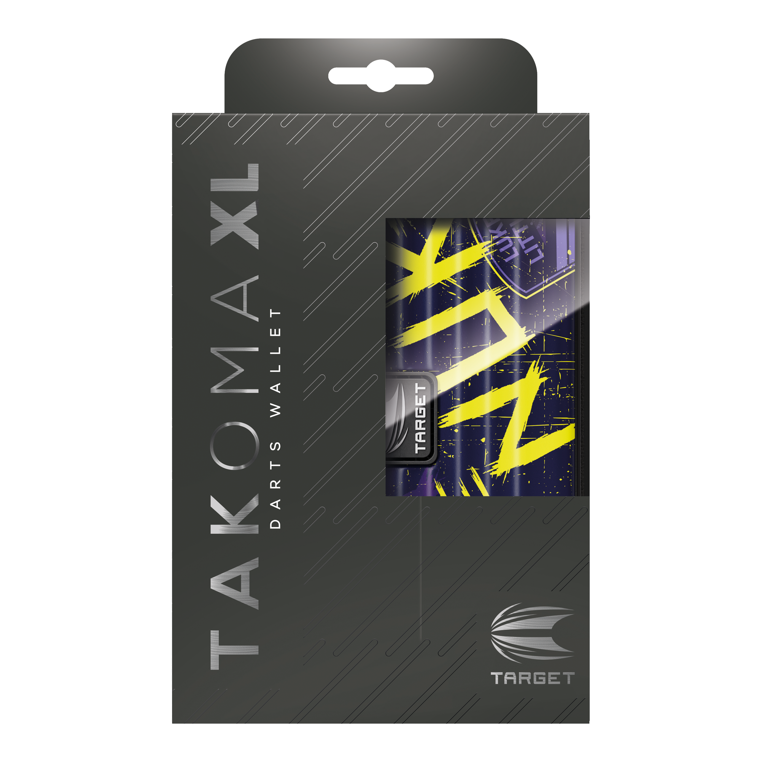 Target Takoma Luke Littler XL dartkoffer Das Bild zeigt die Verpackung des Target Takoma XL Dartcases, das speziell für Luke Littler designt wurde. Die Verpackung ist überwiegend schwarz mit gelben und violetten Akzenten auf dem Dartcase selbst.