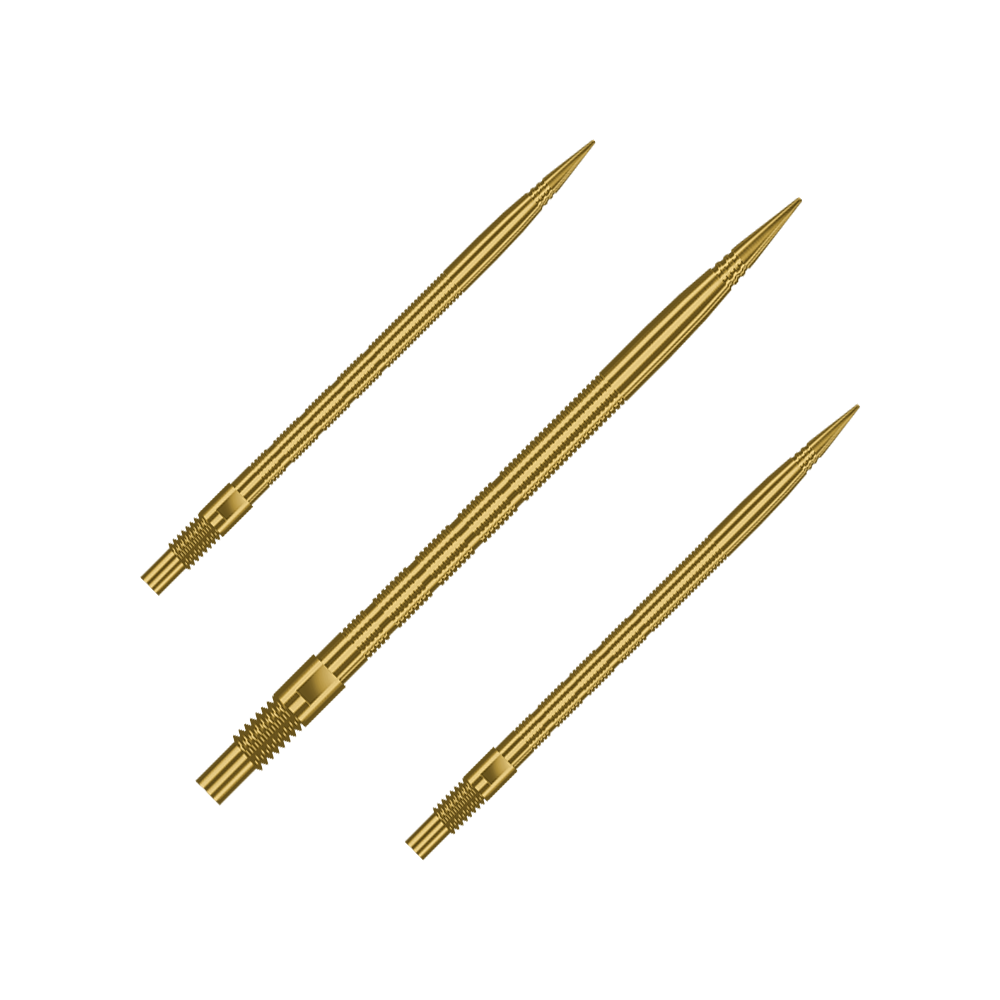 Harrows Quick Point Micro Ridge Dart Tips - Goud Gezeigt wird ein Set von Harrows Quick Point MicroRidge Dartspitzen in Gold, 40mm. Verschiedene Spitzen sind nebeneinander angeordnet.