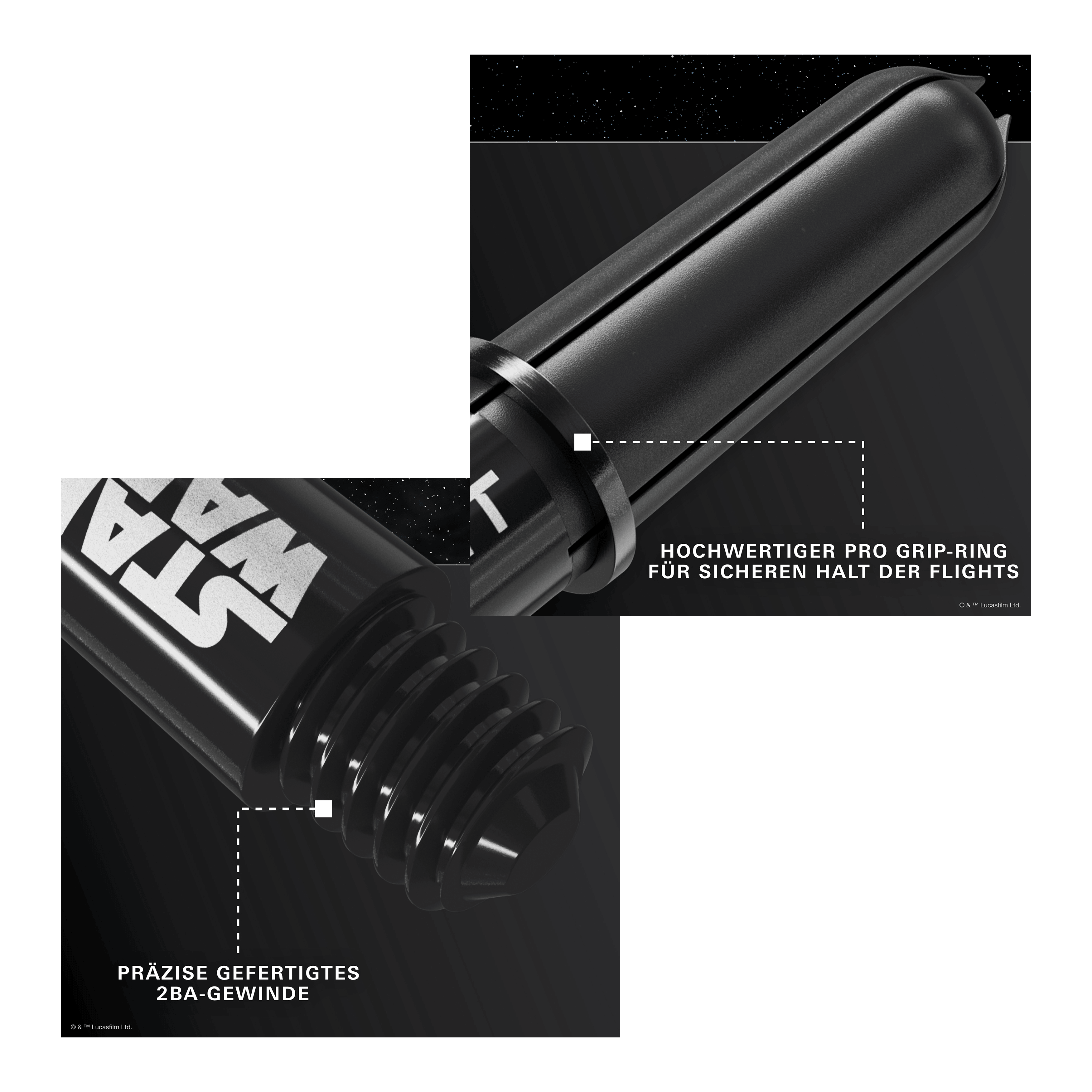 Target Star Wars ProGrip Shafts - Zwart Target Star Wars ProGrip Shafts in Schwarz sind auf dem Bild zu sehen. Diese Schäfte richten sich an Dart- und Star Wars Liebhaber.