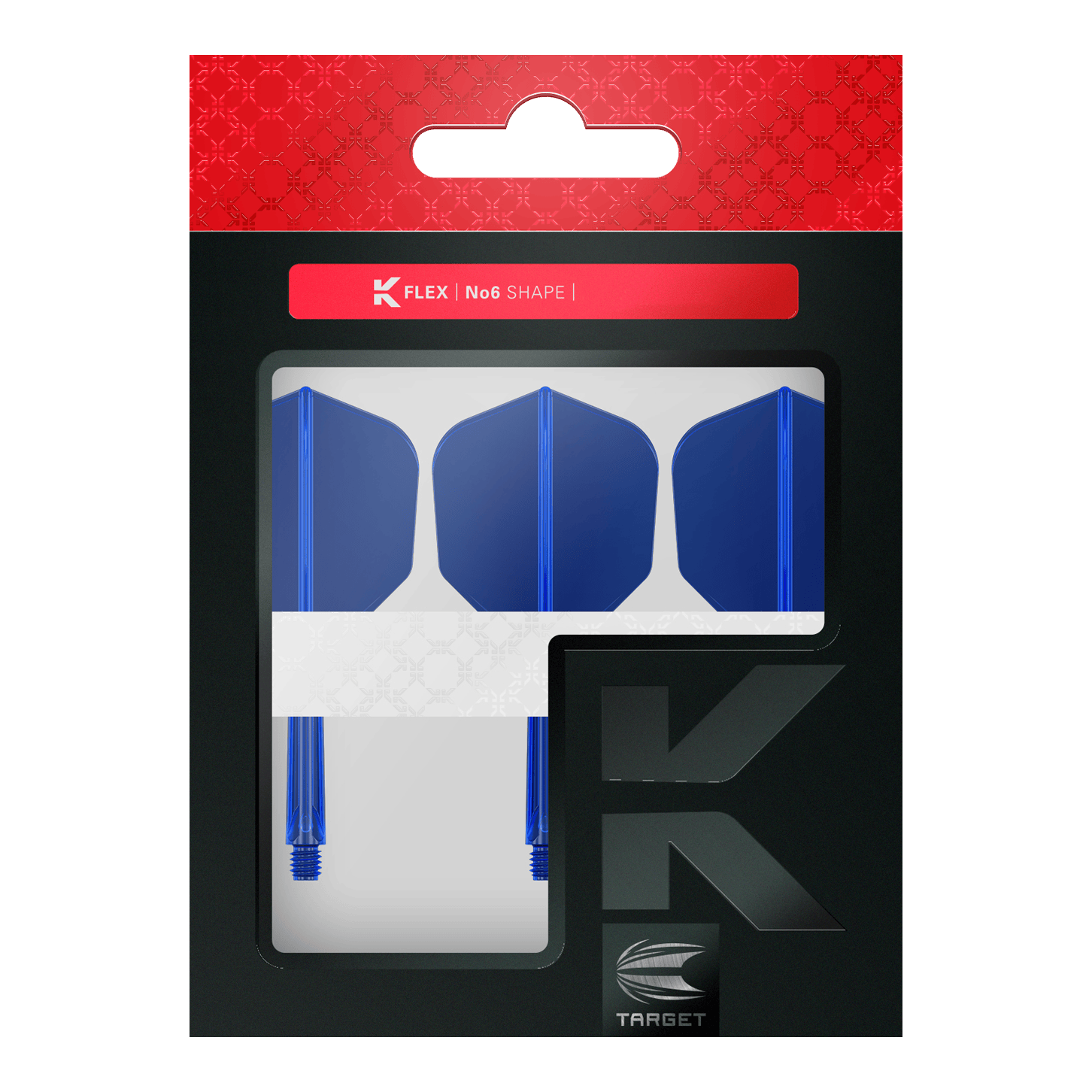 Target K-Flex No6 Flight System - Blauw Das Bild zeigt eine Verpackung mit drei blauen Dart-Flights und Shafts. Oben auf der Verpackung steht "K FLEX | No6 SHAPE" und unten ist das Target-Logo zu sehen.