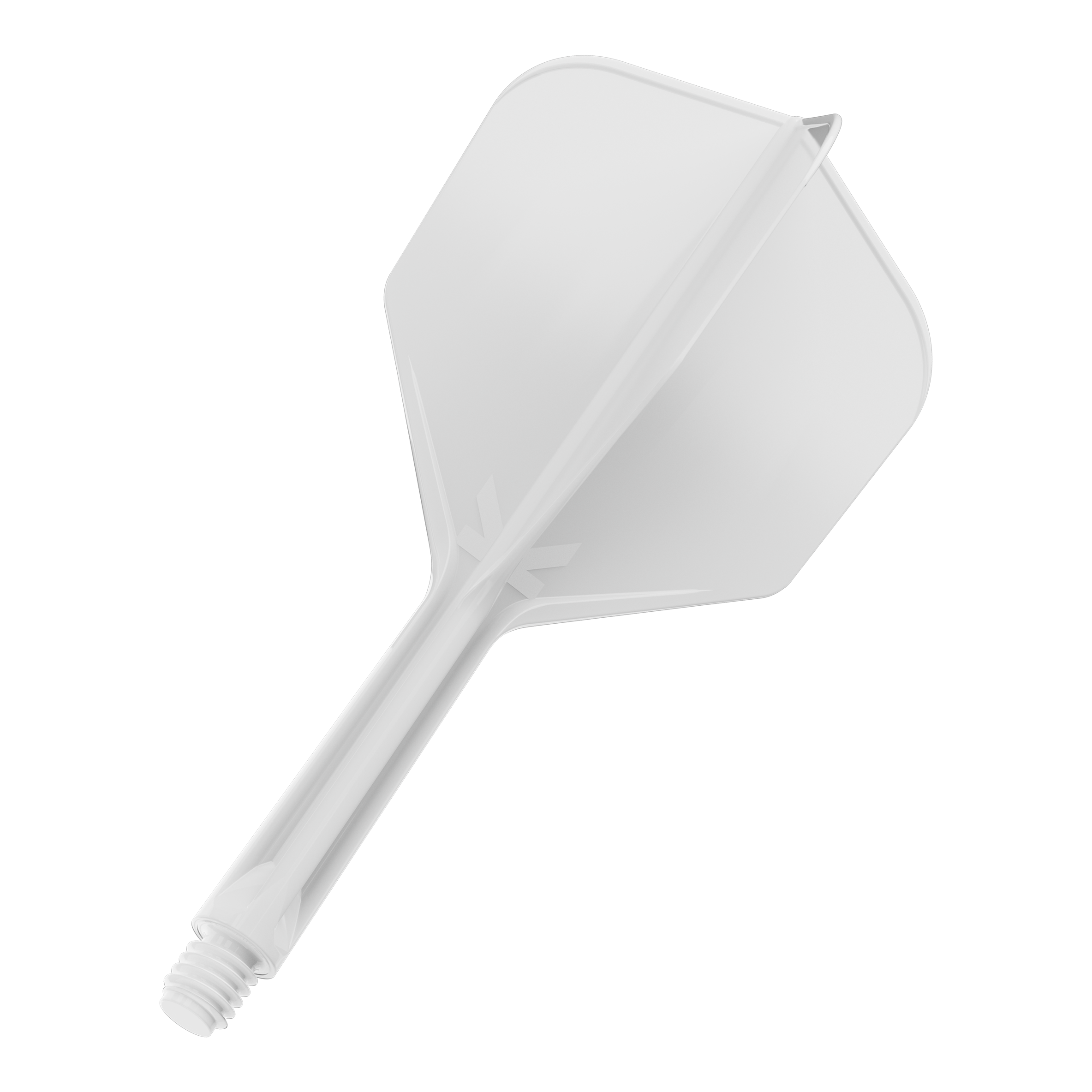 Dies ist ein weißes Dartflight-System mit integriertem Shaft. Das Produkt hat eine schlichte, transparente Optik und ist für den Einsatz im Dartsport gedacht.