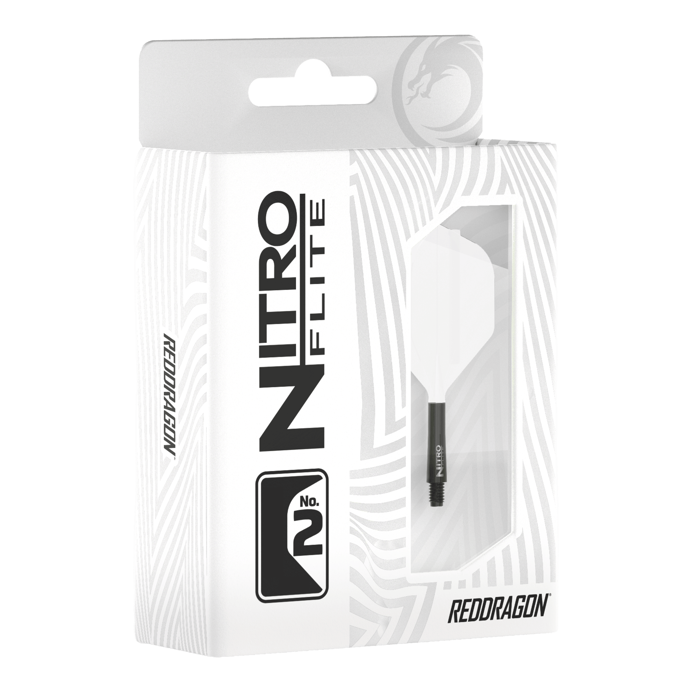 Red Dragon Nitroflite zwarte schacht witte flights nr. 2 Abgebildet ist Red Dragon Nitroflite Black Shaft White Flights No2. Zu sehen sind schwarze Dart-Schäfte mit weißen Flights.