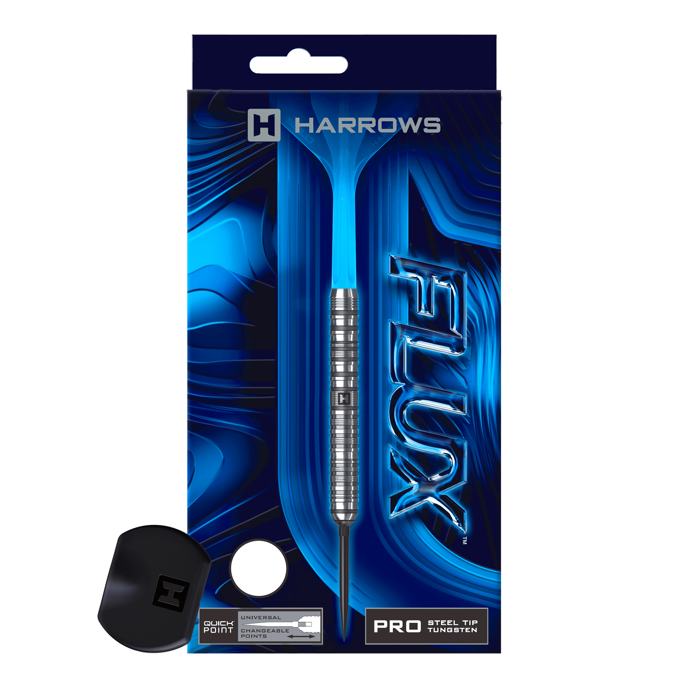 Ein Steeldart aus der Flux Parallel QuickPoint Serie wird gezeigt. Er ist metallisch und filigran.