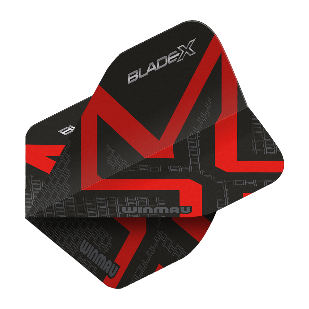 Hier sieht man den Winmau Prism Delta Blade X Metallic Red No2 Standard Flight. Das Produkt ist rot und wird für Dartpfeile verwendet.