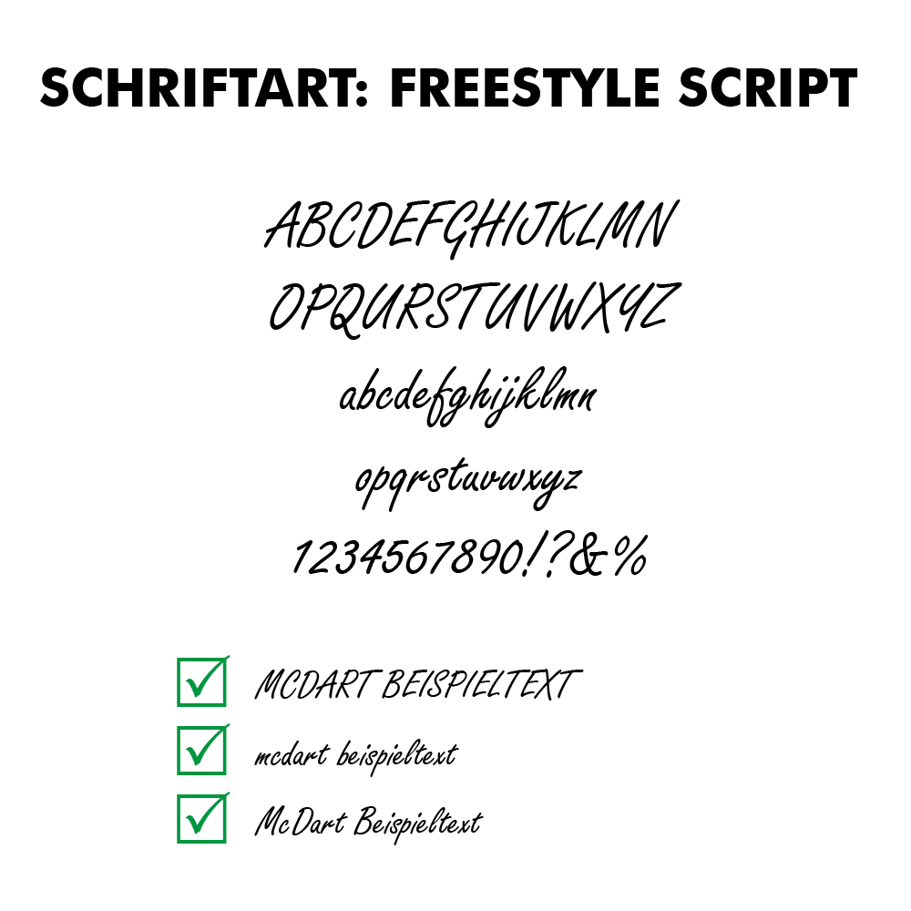 Flightdruck_Schriftart_Freestyle_Script Das Bild zeigt die Schriftart "Freestyle Script" mit Beispielen für Groß- und Kleinbuchstaben, Zahlen und Sonderzeichen. Unten sind verschiedene Beispieltexte mit Häkchen dargestellt.