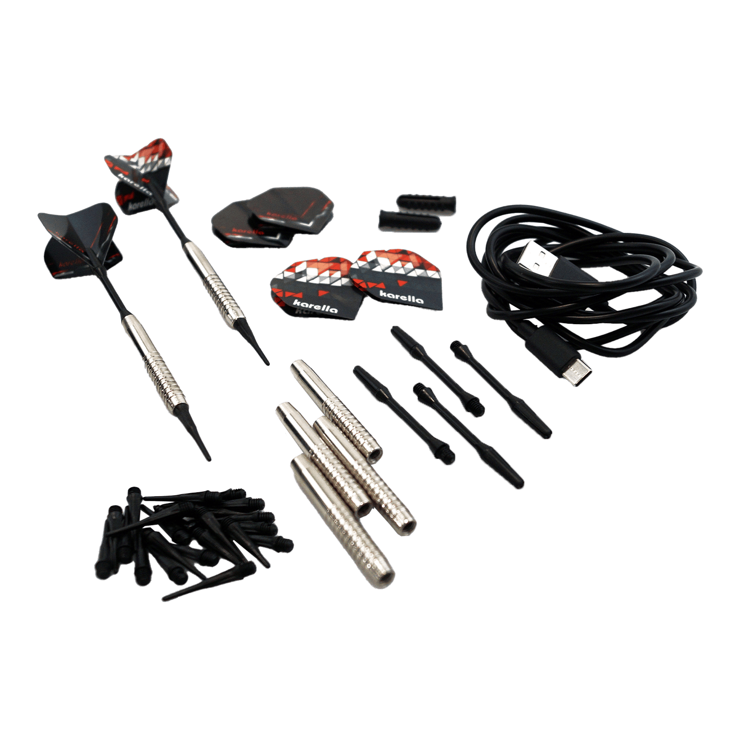 Karella CB-Smart Elektronisch Zacht Dartbord Das Bild zeigt das Zubehörset der Karella CB-Smart Elektronischen Soft-Dartscheibe, darunter mehrere Dartpfeile, Ersatzspitzen, Flights und ein USB-Kabel. Die Einzelteile sind ordentlich auf einem hellen Hintergrund angeordnet.