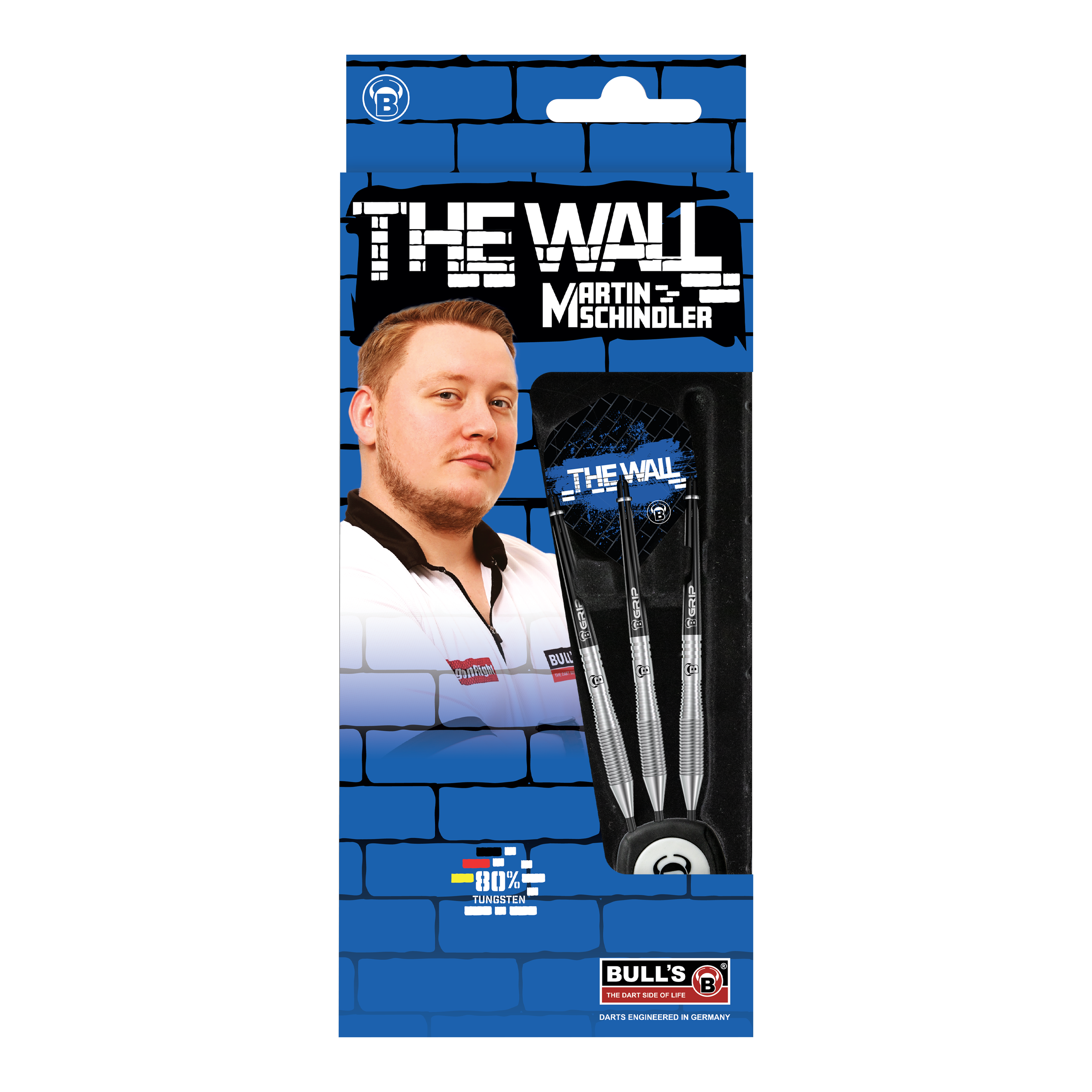 Bulls Martin Schindler TW80 stalen darts Die Verpackung zeigt die "Bulls Martin Schindler TW80 Steeldarts" mit einem Bild von Martin Schindler. Im Inneren sind drei silberne Steeldarts zu sehen.