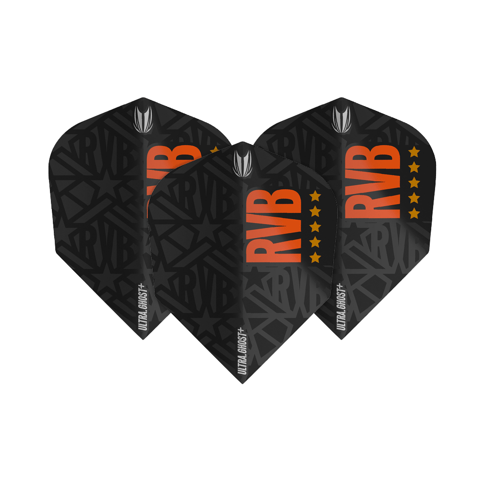 TG62_334020_Target_Ultra-Ghost_RvB_GEN2_Ten-X_Flights_11wmjTAMB7LAXa Das Bild zeigt drei schwarze Dart-Flights mit der Aufschrift "RVB" in orange und fünf orangefarbenen Sternen. Unten steht "ULTRA GHOST+" in kleiner, weißer Schrift.