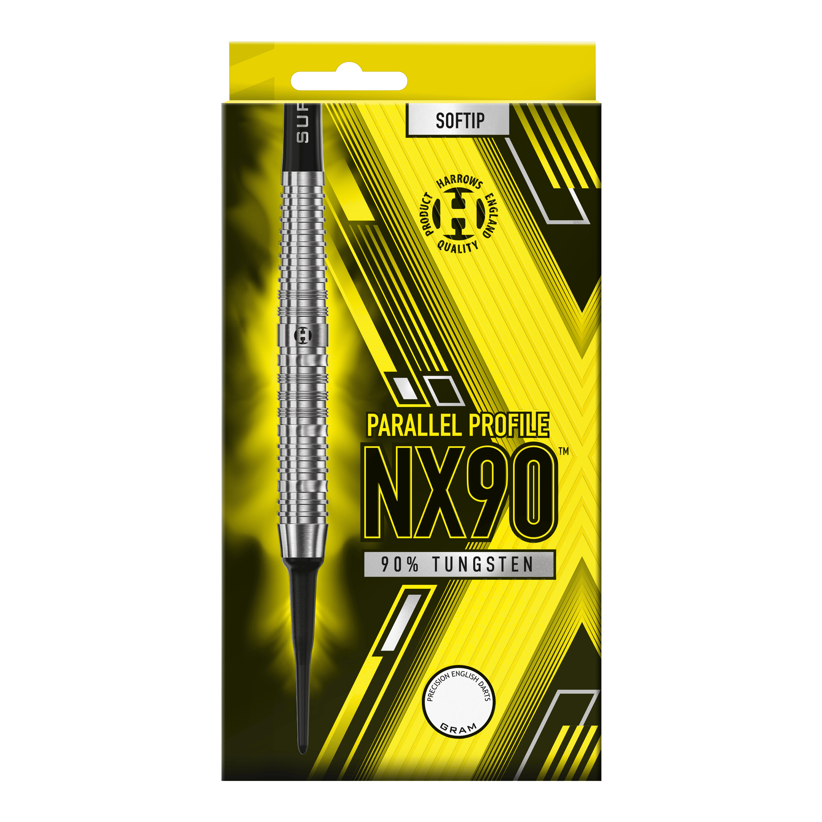 Harrows NX90 parallelle softdarts Die Abbildung zeigt die Verpackung der Harrows NX90 Parallel Softdarts. Auf der gelb-schwarzen Packung steht, dass die Darts aus 90 % Tungsten bestehen.