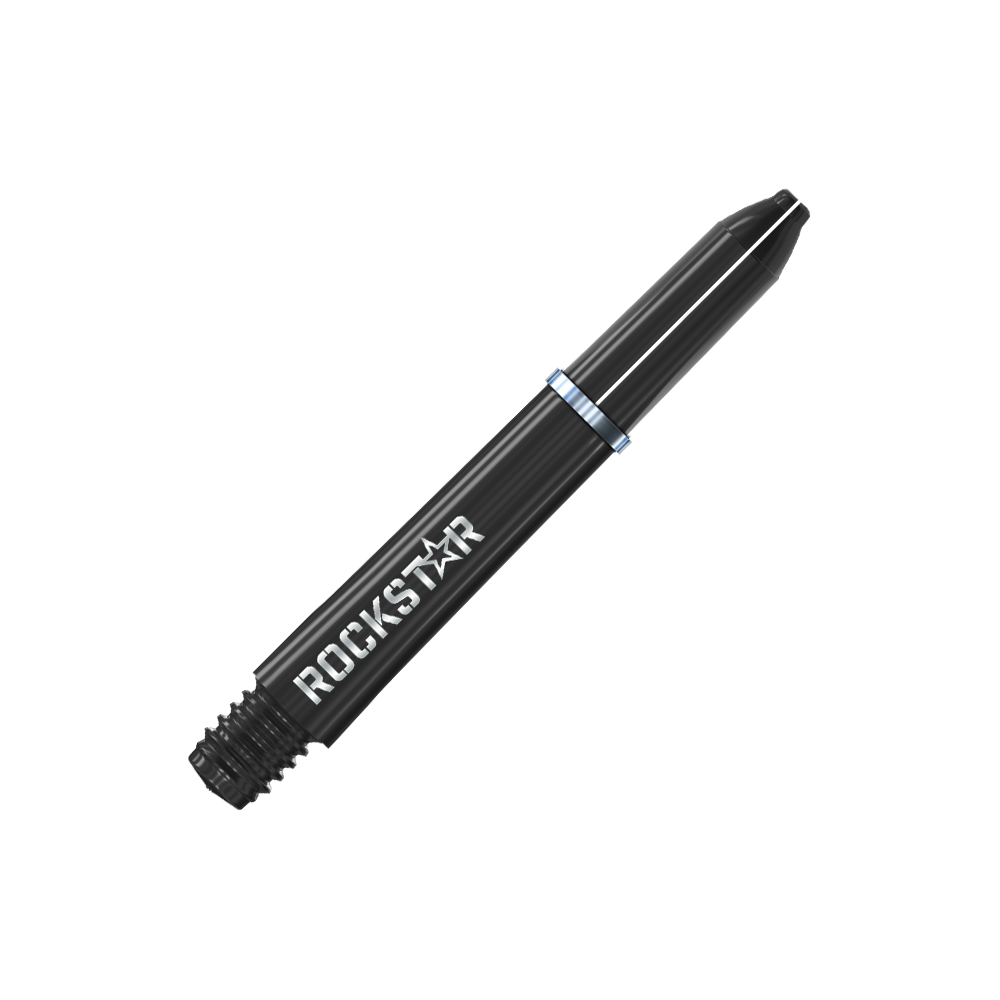 Winmau Joe Cullen Rockstar Nylon Shafts Zwart Auf dem Bild ist ein schwarzer Dart-Schaft mit der Aufschrift "ROCKSTAR" zu sehen. Der Schaft hat einen silbernen Ring in der Mitte.