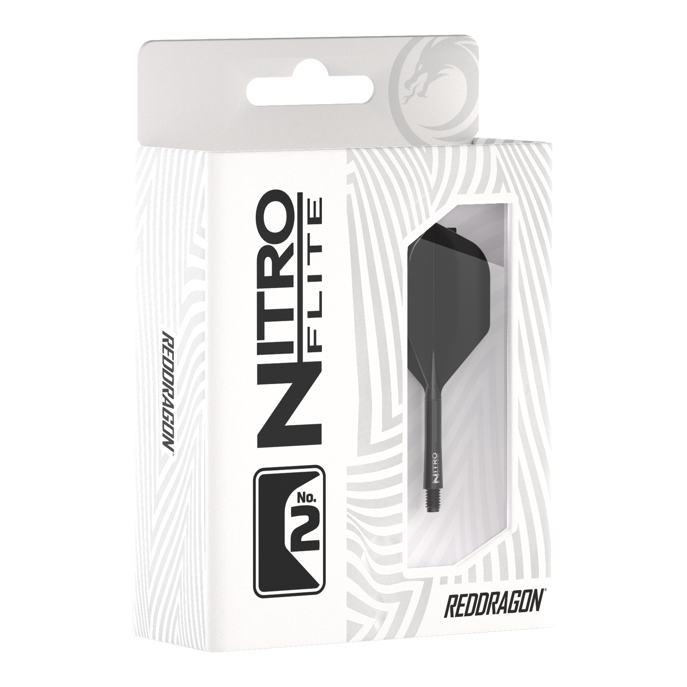Red Dragon Nitroflite - Zwarte schacht Zwarte No2-vluchten Die Verpackung zeigt das Produkt "Red Dragon Nitroflite - Black Shaft Black No2 Flights". Im Sichtfenster ist ein schwarzer Dart-Schaft mit schwarzem Flight zu sehen.