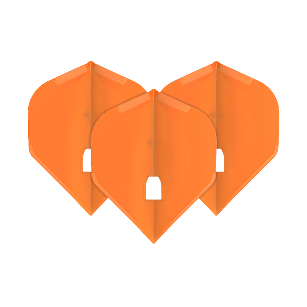 L-Style Champagne L1PRO Flights Das Bild zeigt drei orangefarbene Dart-Flights in Standardform. Sie sind ordentlich nebeneinander angeordnet und haben eine glänzende Oberfläche.