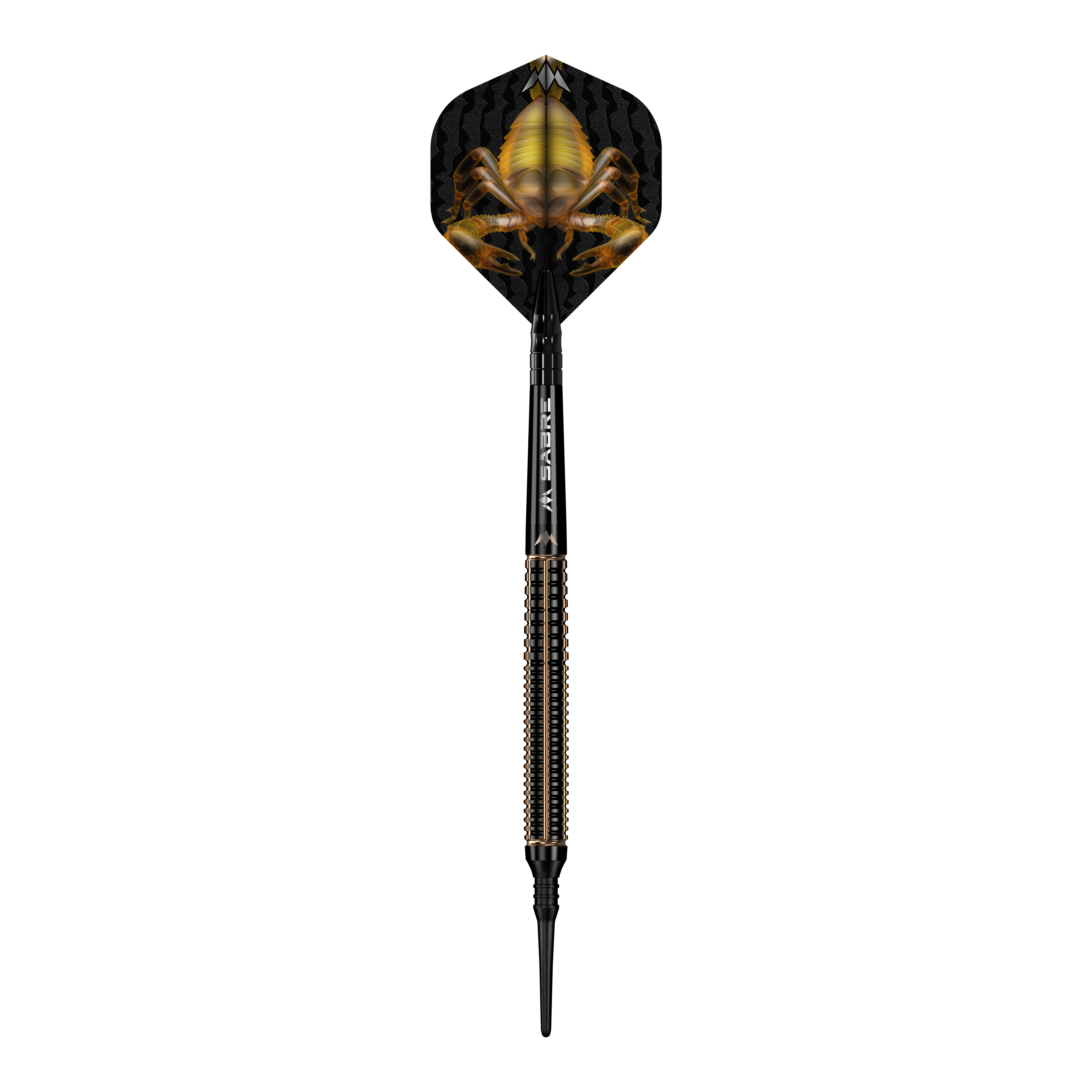 Mission Scorpion zachte dartpijlen - 19g Das Bild zeigt einen Softdart namens "Mission Scorpion Softdarts - 19g". Auf dem Flight ist ein auffälliges Skorpion-Design in Gelb und Schwarz zu sehen.