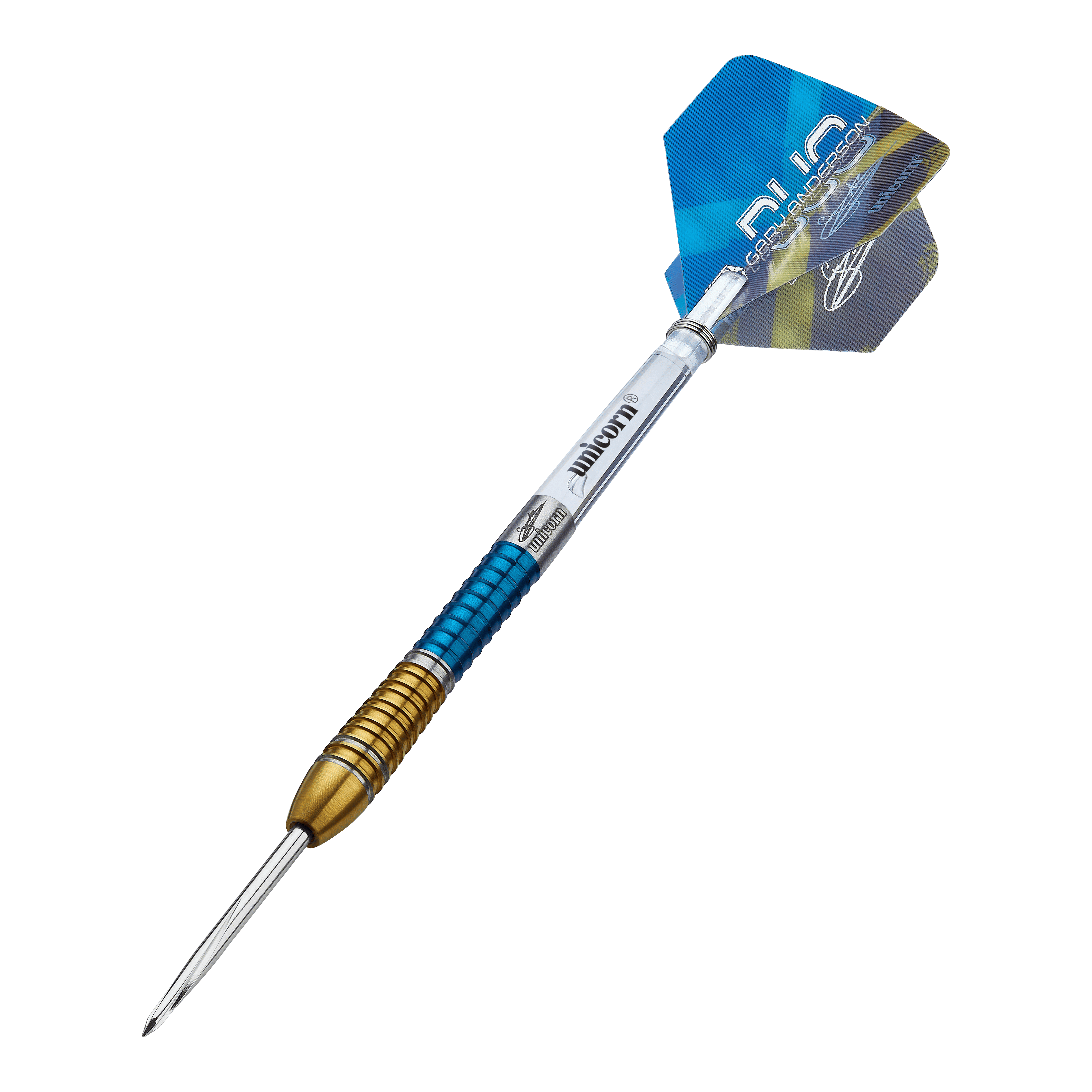 Unicorn Gary Anderson Duo Phase 6 Steeldarts Auf dem Bild ist ein Unicorn Gary Anderson Duo Phase 6 Steeldart zu sehen. Der Dart hat ein farbiges Design mit goldenen und blauen Akzenten sowie einer blauen Flightscheibe.