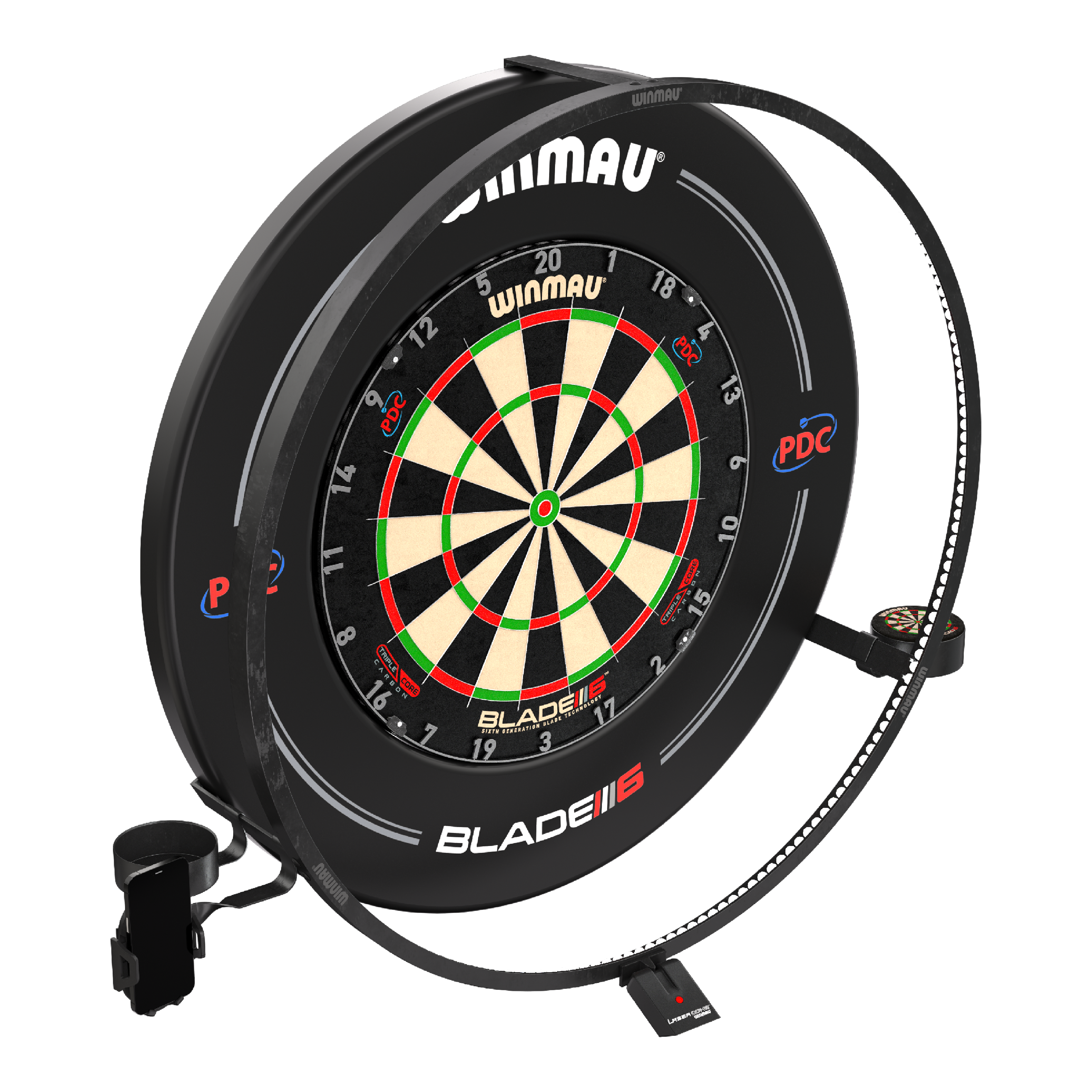 Winmau Plasma-accessoireset Das Bild zeigt das "Winmau Plasma Zubehör Set" für Dartscheiben. Es besteht aus einem beleuchteten LED-Ring und weiterem Zubehör rund um die Dartscheibe.