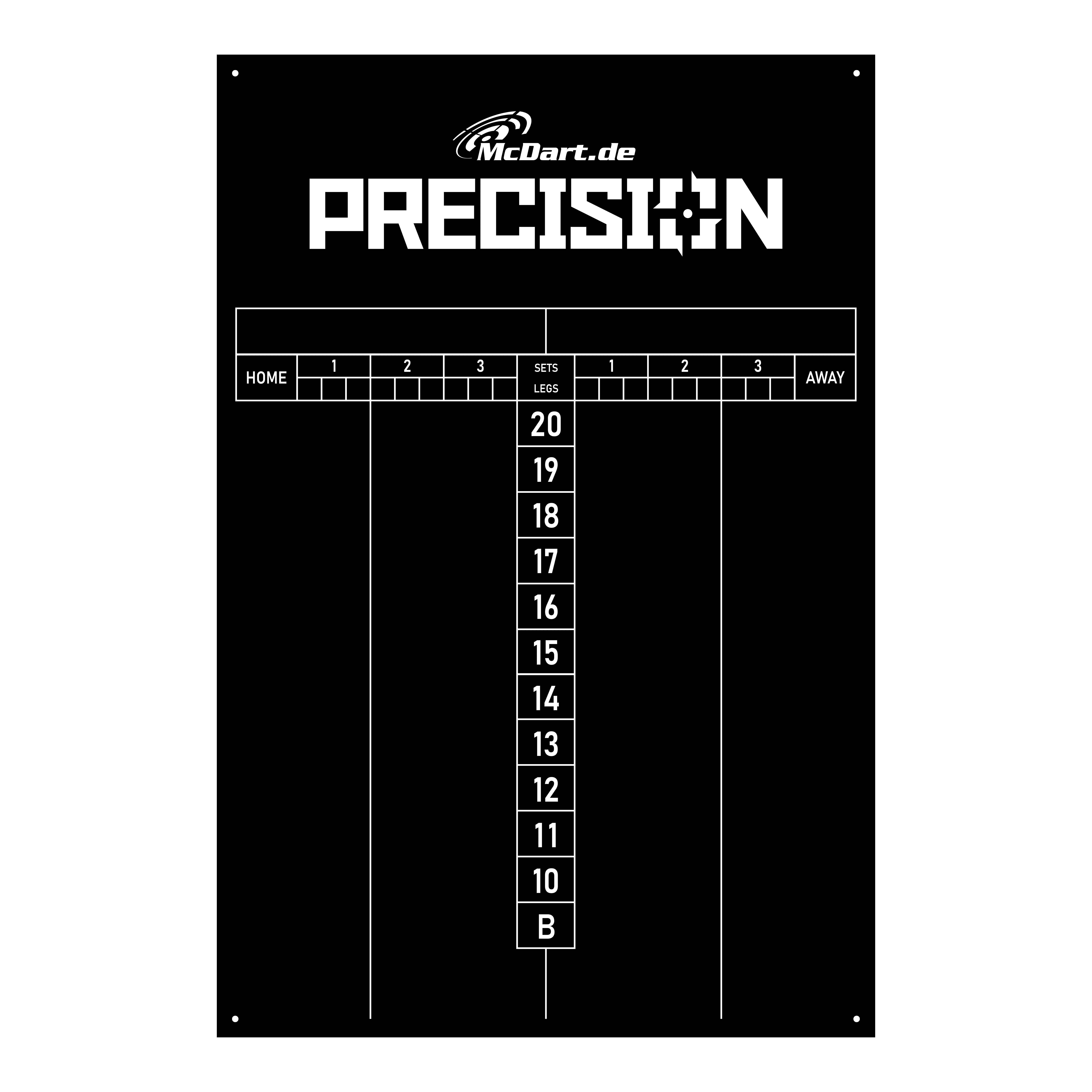 McDart Precision Scorebord 40 x 60 cm Das Bild zeigt das Produkt "McDart Precision Scoreboard 40 x 60 cm" auf schwarzem Hintergrund. Die Anzeigetafel ist für das Zählen von Sets und Legs beim Darts vorgesehen und zeigt die Punkte von 20 bis 10 sowie ein Feld für Bullseye.