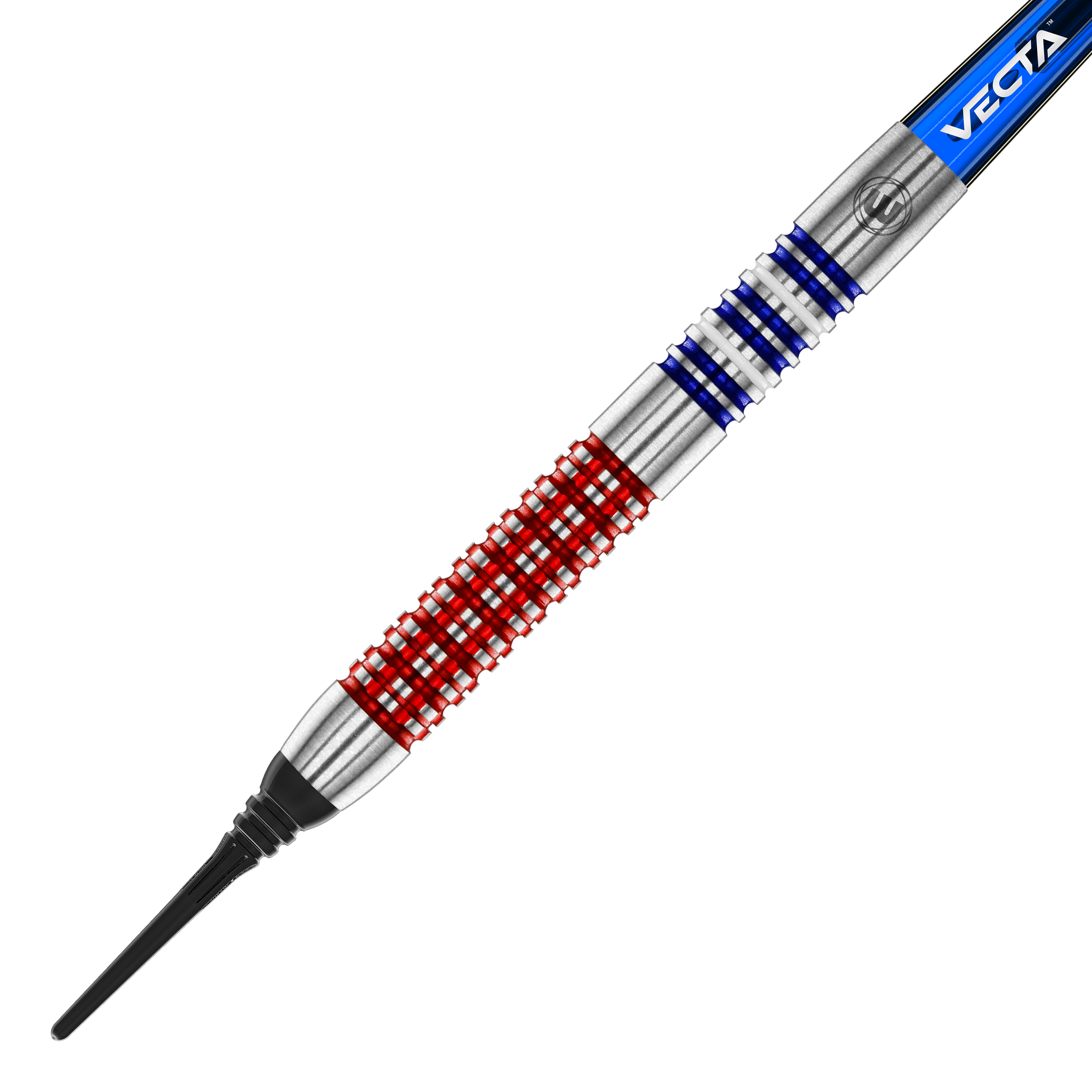 Winmau Garrett Rakowski zachte dartpijlen - 20 g Auf dem Bild ist ein Softdart des Modells "Winmau Garrett Rakowski Softdarts - 20g" zu sehen. Der Dart hat ein auffälliges Design mit roten und blauen Ringen auf dem silbernen Barrel.