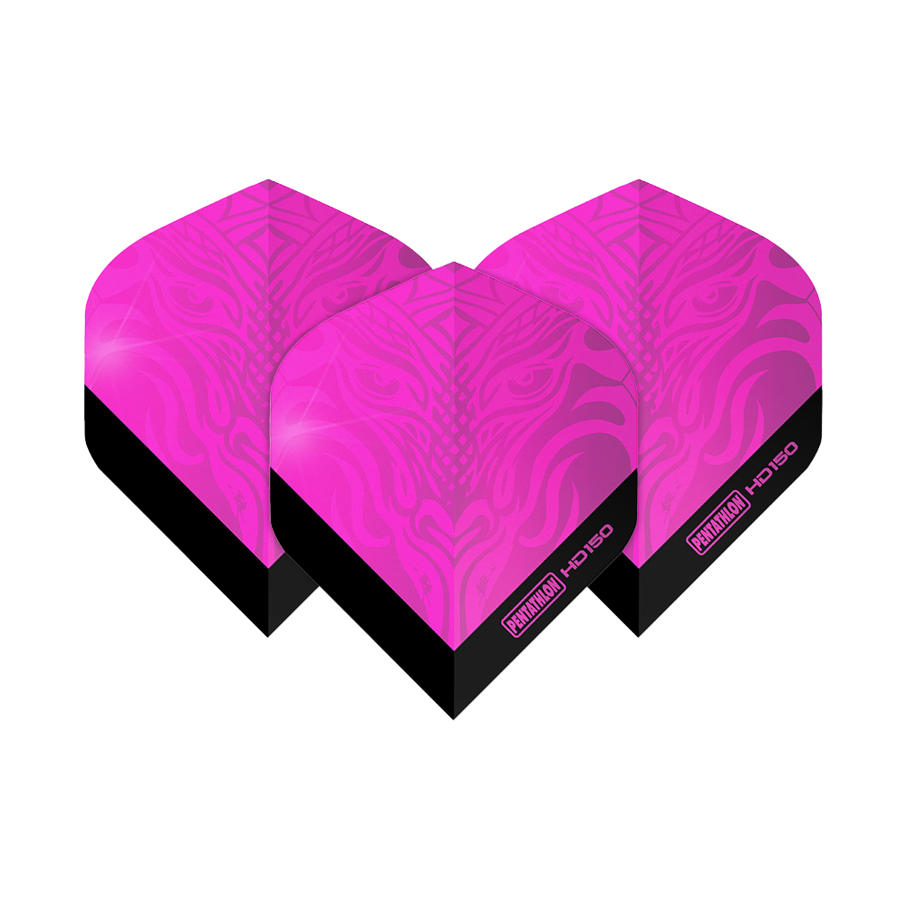 Pentatlon HD150 Metallic Roze Standaard Vluchten Das Bild zeigt drei Pentathlon HD150 Metallic Pink Standard Flights. Die Flights sind leuchtend pink mit einem schwarzen unteren Rand und einem dekorativen Muster.