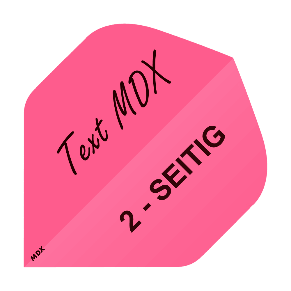 MD-402_2-Seitig_Bedruckte_Flights_Wunschtext_MDX_Pink_Standard_1 Das Bild zeigt einen pinken, quadratischen Aufdruck mit dem Text „Text MDX“ und „2-SEITIG“. Es handelt sich um ein Beispiel für bedruckte Flights mit Wunschtext im MDX Standard.