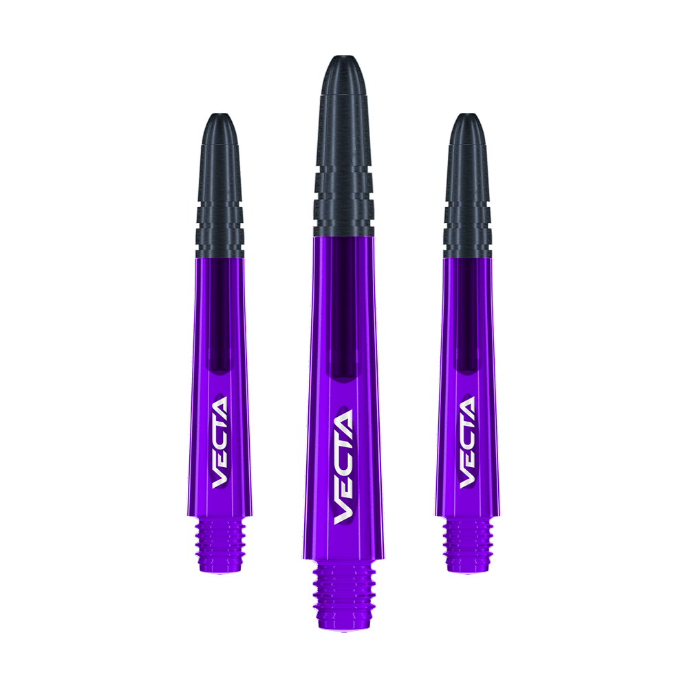 Winmau Vecta Shafts - Paars Zwart Das Bild zeigt drei violett-schwarze Dartschäfte mit der Aufschrift "VECTA". Sie sind gleich lang und nebeneinander angeordnet.