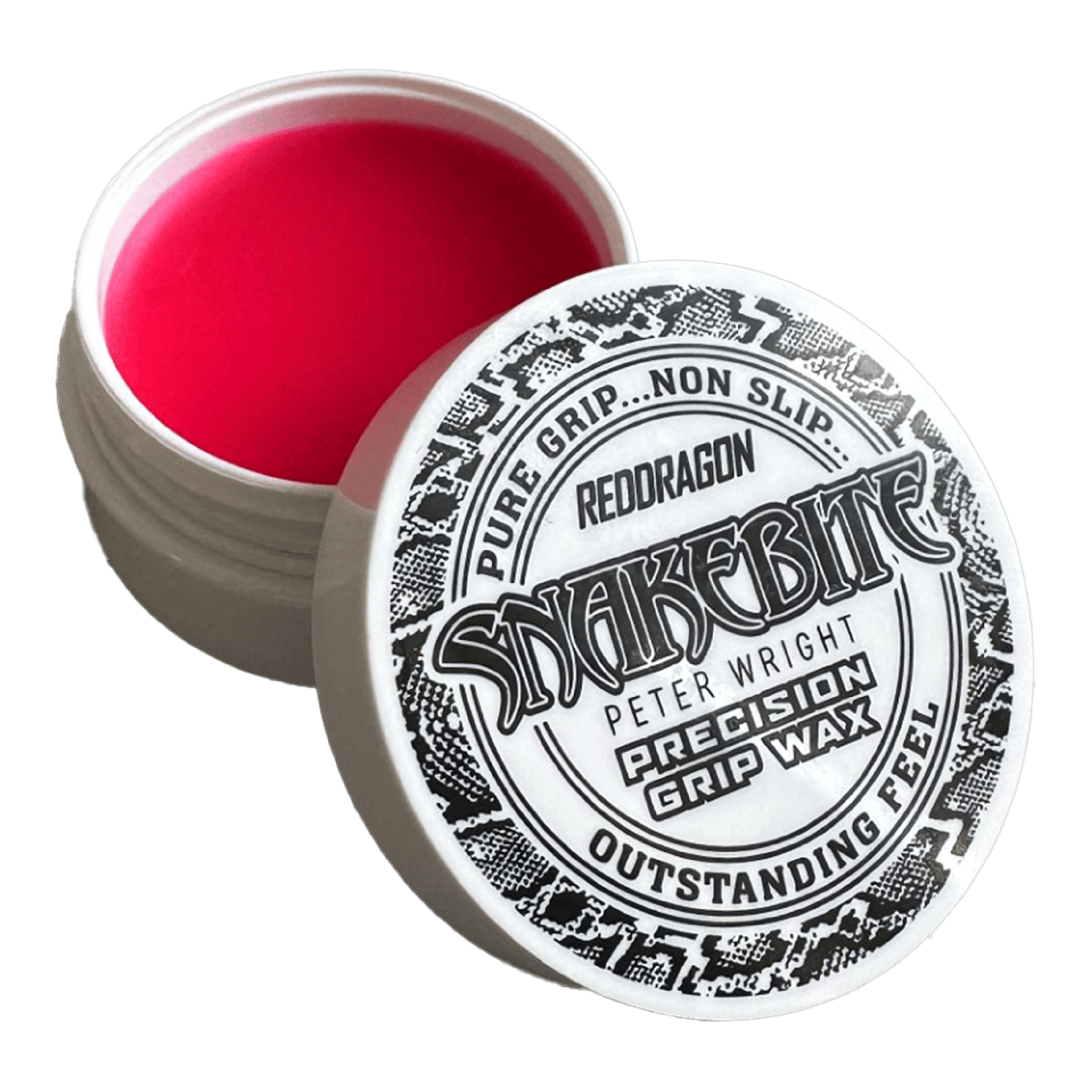 Das Bild zeigt eine geöffnete Dose mit rotem Fingerwachs der Marke "Red Dragon Peter Wright Snakebite Precision Grip Wax". Auf dem Deckel steht, dass das Produkt für einen sicheren, rutschfesten Griff sorgt.