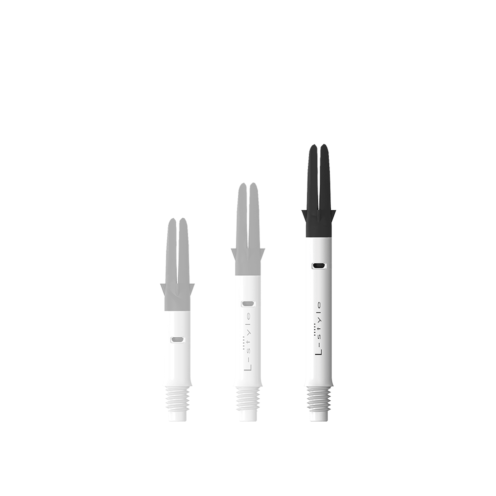 L-L-Style-Shaft Carbon Silent Straight - Wit Auf dem Bild sind drei verschieden lange, weiße Dartshafts mit schwarzem oberen Teil zu sehen. Sie stehen nebeneinander aufrecht auf einem weißen Hintergrund.