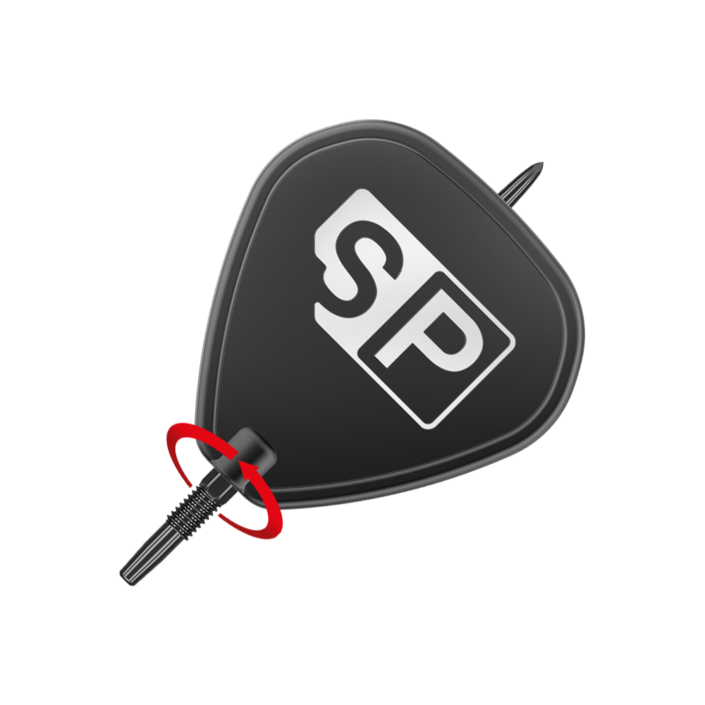 Target Swiss Point GRD Zwarte dartpunten Das Bild zeigt die Target Swiss Point GRD Black Dartspitzen. Die Dartspitze ist schwarz und trägt das weiße "SP"-Logo.