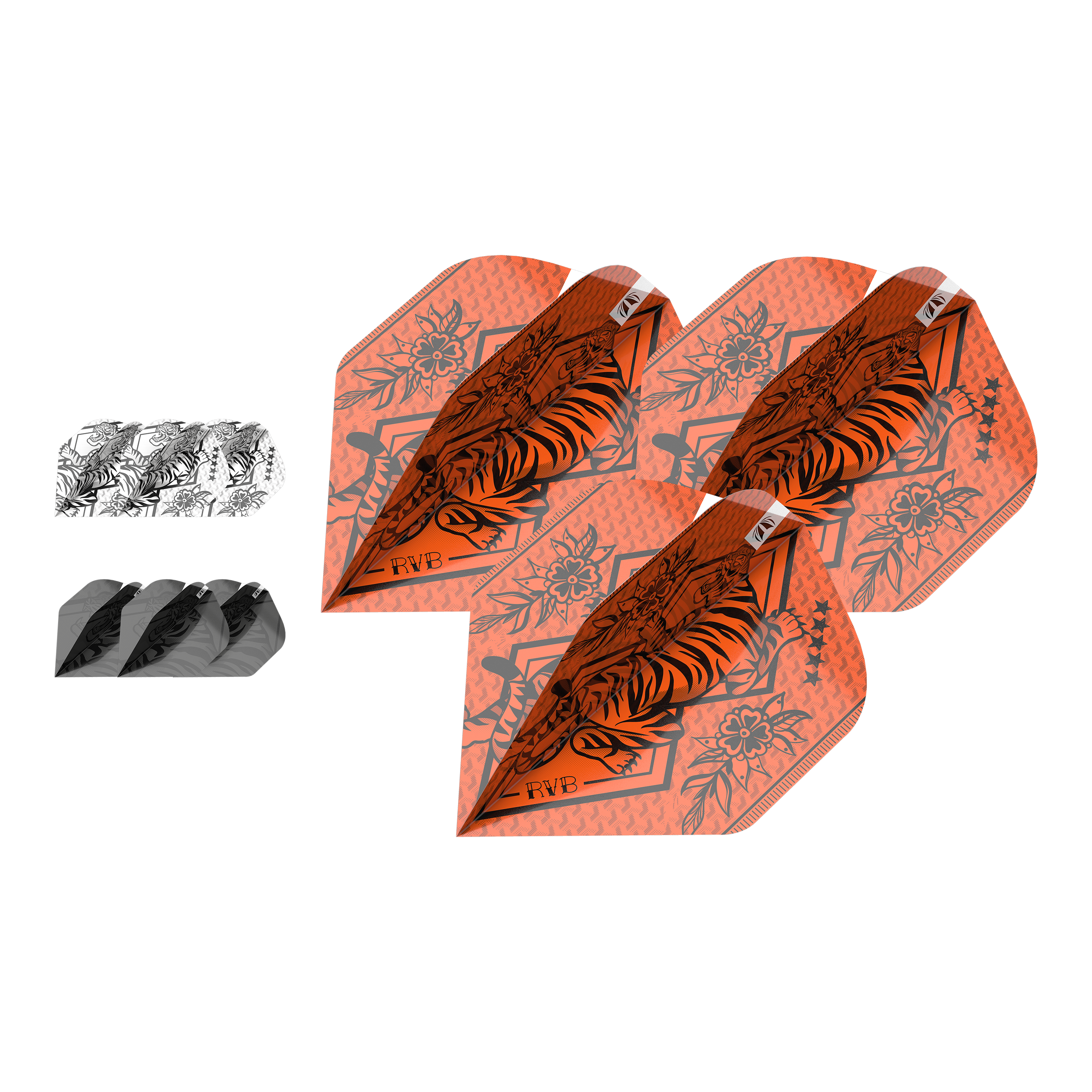 Target Inktbundel 3 sets Raymond Van Barneveld No2 standaardvluchten Das Bild zeigt drei Sätze Dartflights in verschiedenen Farben und Designs, darunter auffällige orangefarbene Flights mit Tiger-Motiv. Es handelt sich um das Produkt "Target Ink Bundle 3 Sets Raymond Van Barneveld No2 Standard Flights."