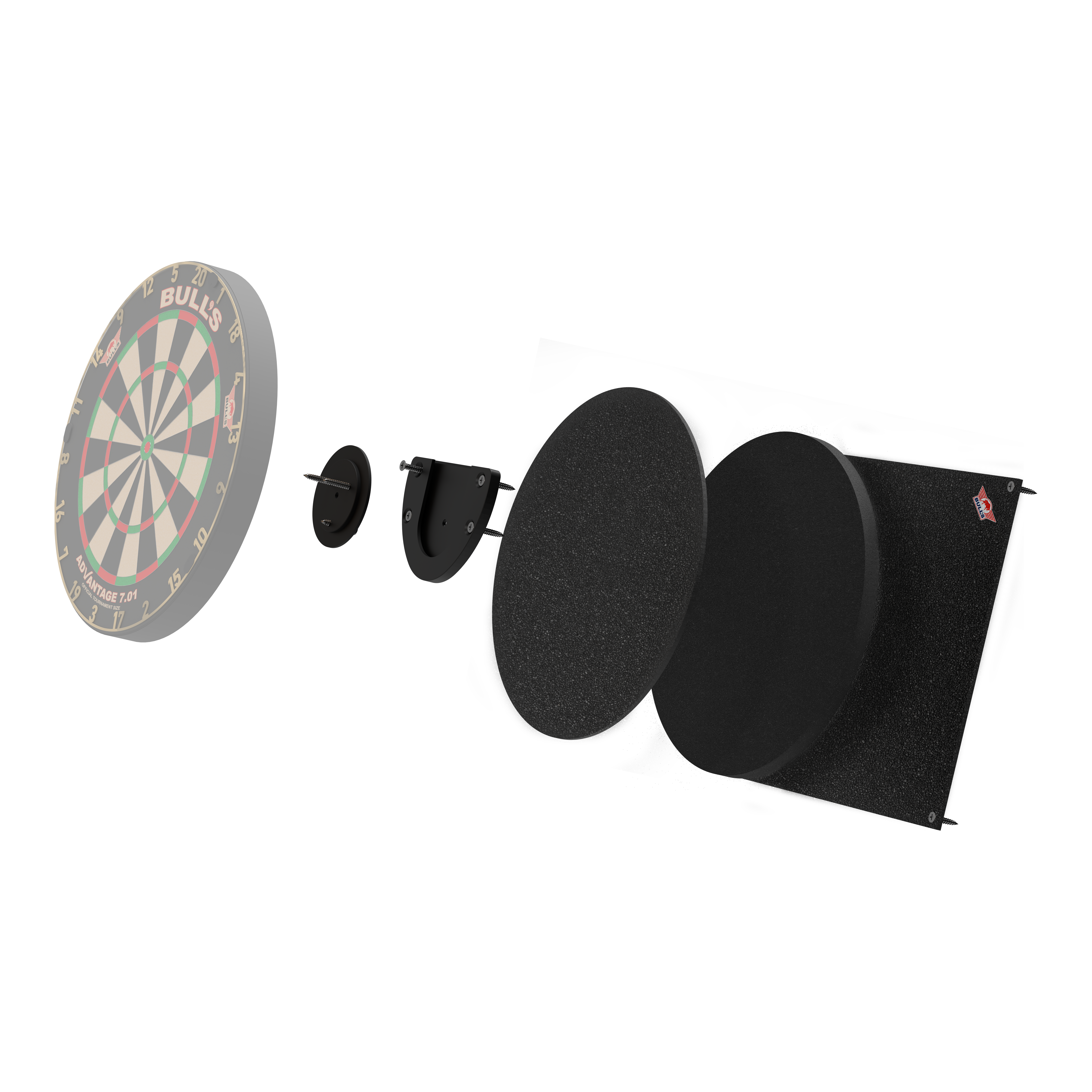 Bulls NL Dartbord Silencer Das Bild zeigt das Produkt "Bulls NL Dartboard Silencer" in einer Explosionszeichnung. Die verschiedenen Teile sind einzeln dargestellt, darunter das Dartboard und mehrere schallabsorbierende Schichten.