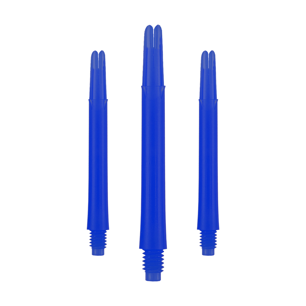 L-L-Style-Shafts Locked Straight - Blauw Auf dem Bild sind drei blaue, gerade Dartschäfte zu sehen. Sie stehen nebeneinander und haben unten ein Schraubgewinde.