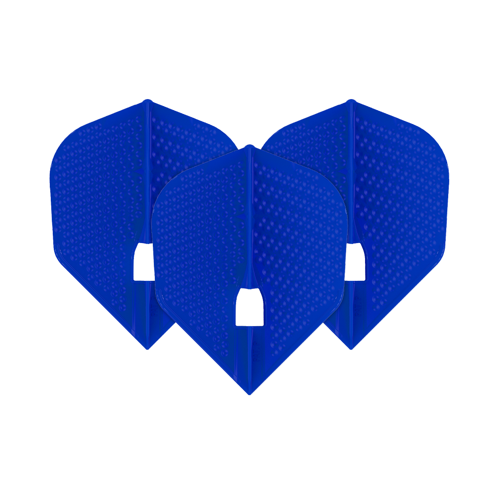 L-Style Flights Dimple Champagne L3PRO Shape Das Bild zeigt drei blaue L-Style Flights im Dimple Champagne L3PRO Shape. Die Flights haben eine strukturierte Oberfläche mit kleinen Punkten.