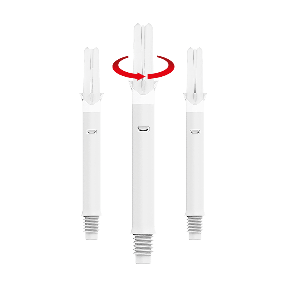 L-L-Style-Shafts Silent Straight - Wit Das Bild zeigt drei weiße Dartshafts mit einem geraden Design. Über dem mittleren Shaft ist ein roter Pfeil zu sehen, der eine Drehbewegung anzeigt.