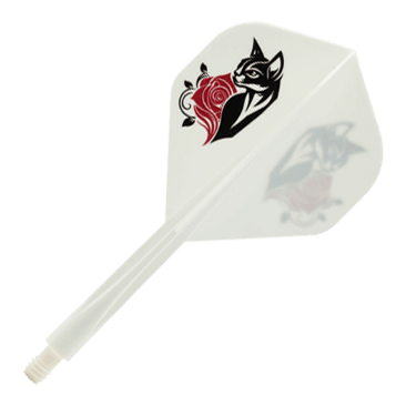 Abgebildet ist das Condor AXE Black Cat White Standard Flight-Shaft-System. Das Produkt bietet eine Kombination aus Flight und Shaft für mehr Stabilität beim Dartspiel.
