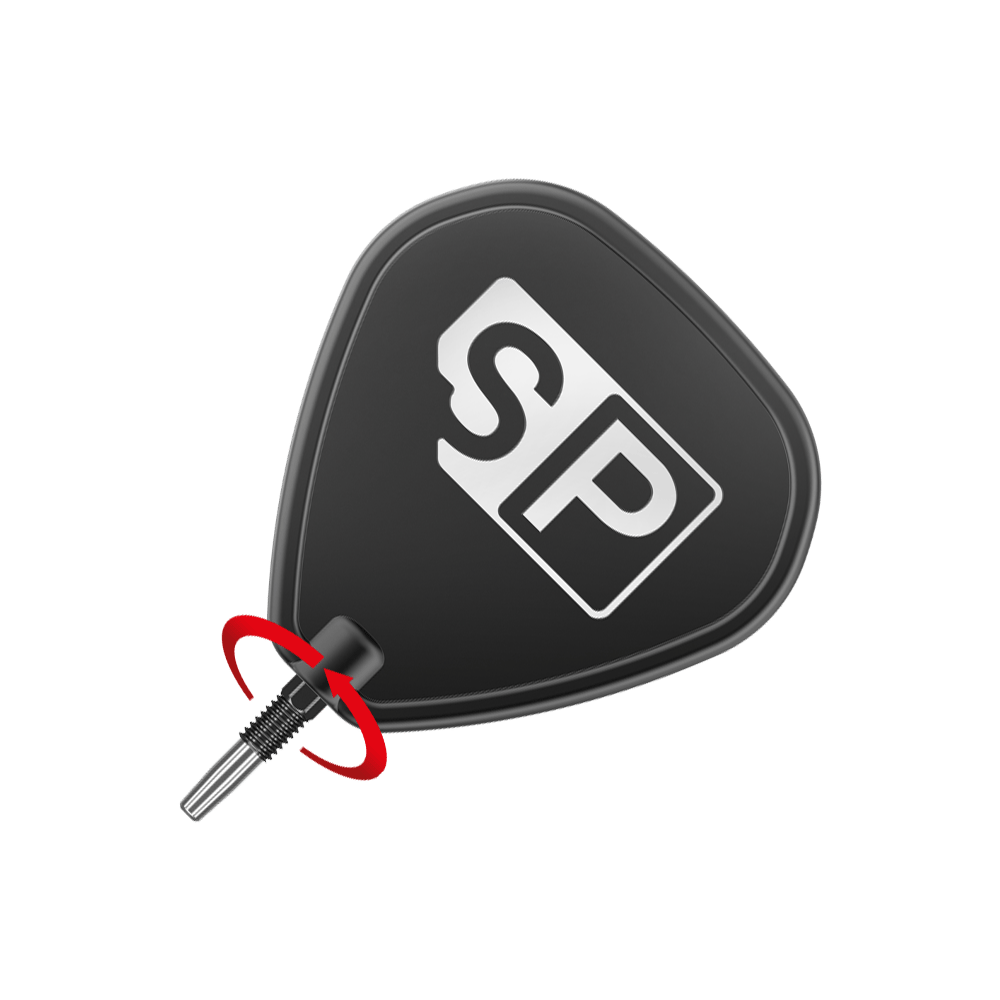 Das Bild zeigt eine schwarze Dartspitze mit dem weißen Aufdruck "SP". Ein roter Pfeil deutet auf eine Drehbewegung hin, vermutlich zum Anbringen oder Entfernen der Spitze.