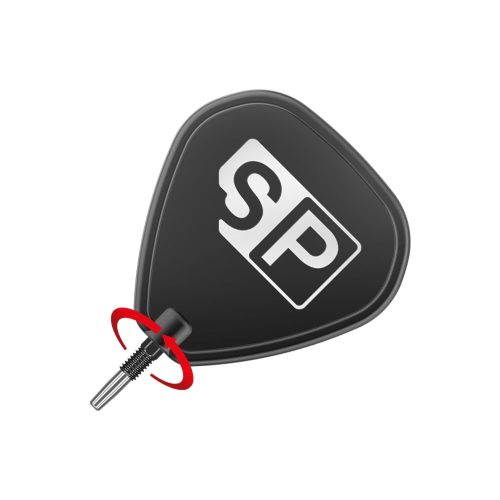 Target Swiss Diamond Pro Black Points dartpunten Das Bild zeigt eine schwarze Dartspitze mit dem weißen Aufdruck "SP". Ein roter Pfeil deutet auf eine Drehbewegung hin, vermutlich zum Anbringen oder Entfernen der Spitze.