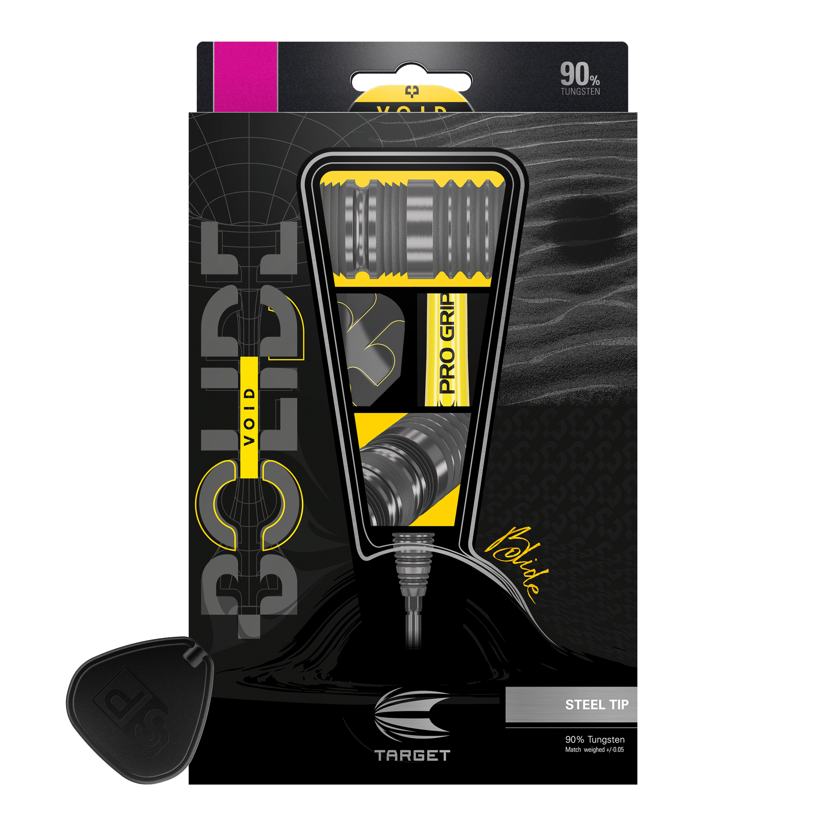 Target Bolide Void 02 Swiss Point stalen darts Das Bild zeigt die Verpackung der "Target Bolide Void 02 Swiss Point Steeldarts". Die Darts bestehen zu 90% aus Tungsten und haben eine Stahlspitze.
