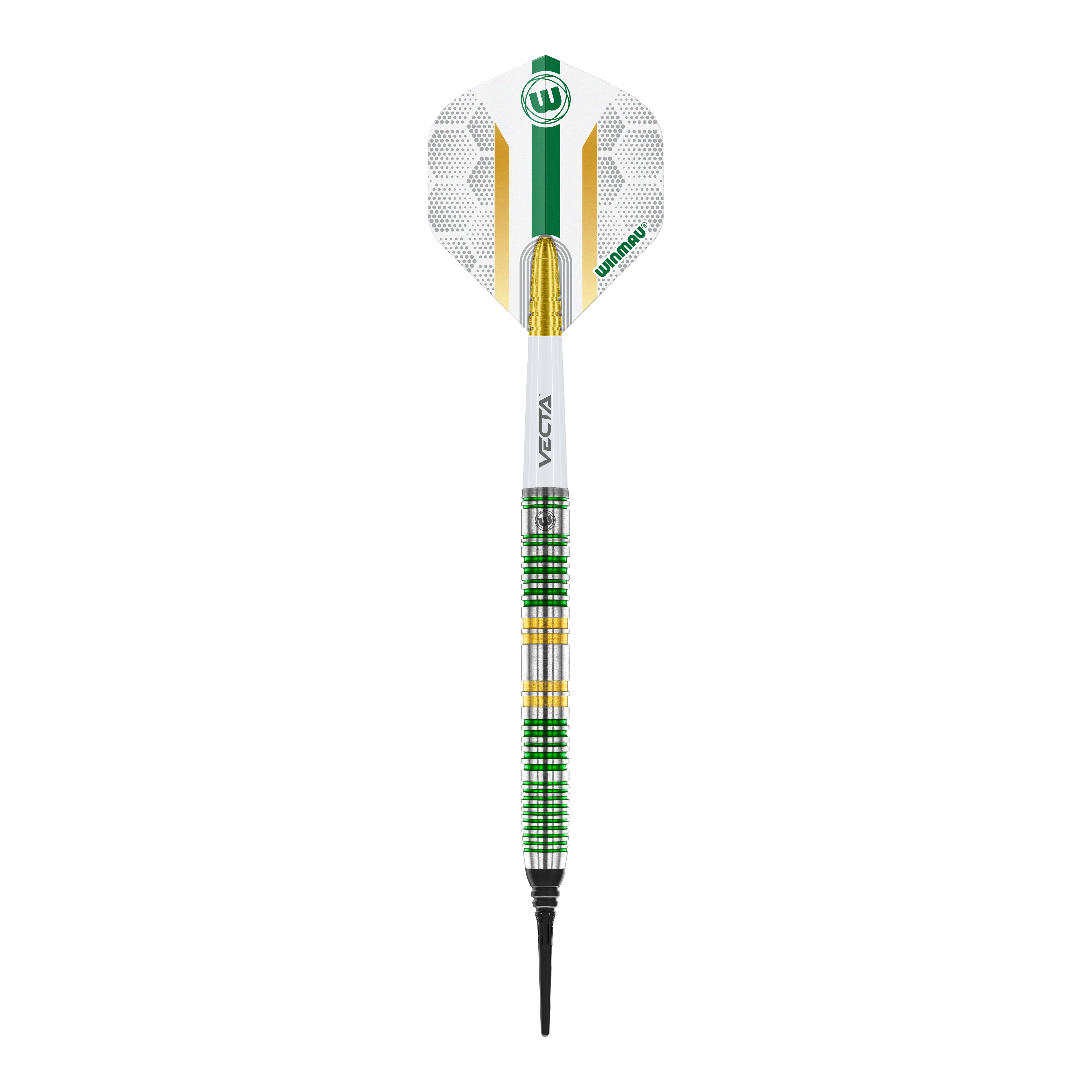Winmau Xenon Softdarts - 20g Dies ist ein Winmau Xenon Softdart mit einem Gewicht von 20 Gramm. Der Dart hat ein modernes Design mit grünen, weißen und goldenen Akzenten.