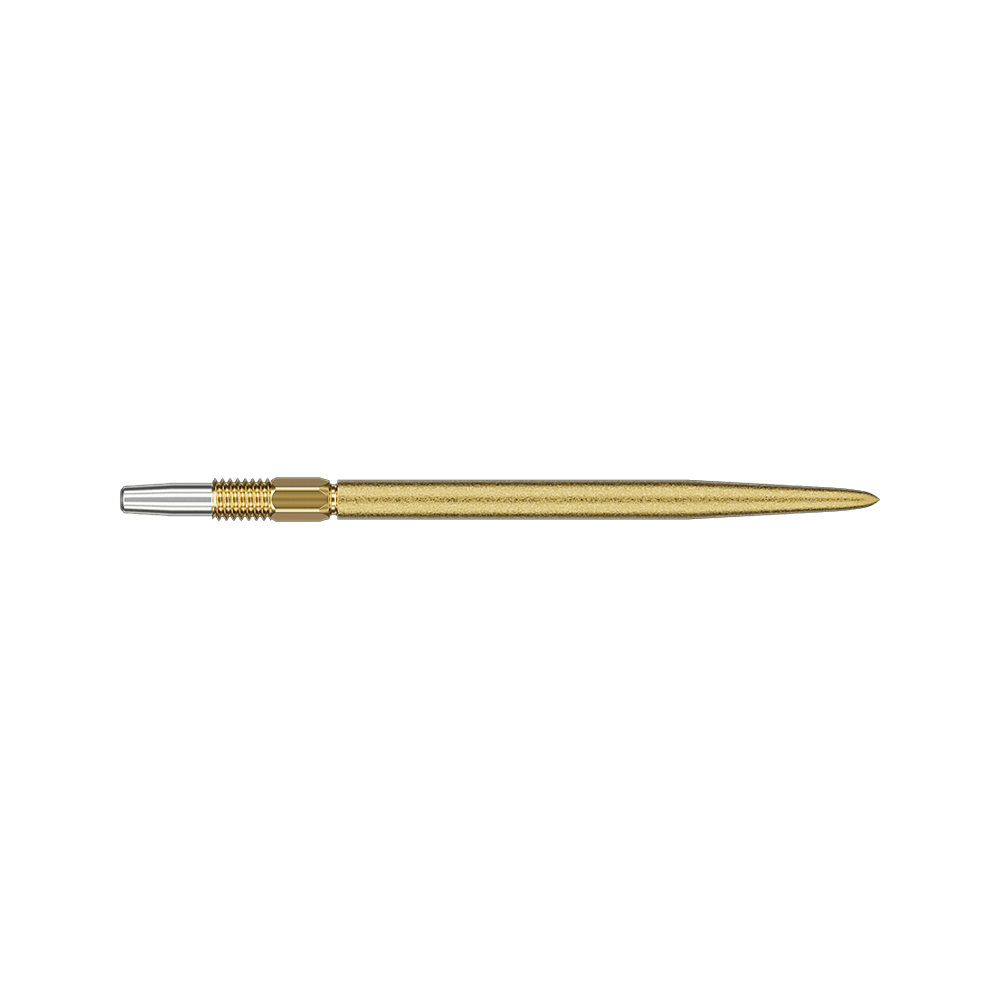 Target Swiss Point SLK darttips - goud Auf dem Bild ist eine goldene Dartspitze zu sehen. Sie ist schlank und hat ein silbernes Ende zur Befestigung.