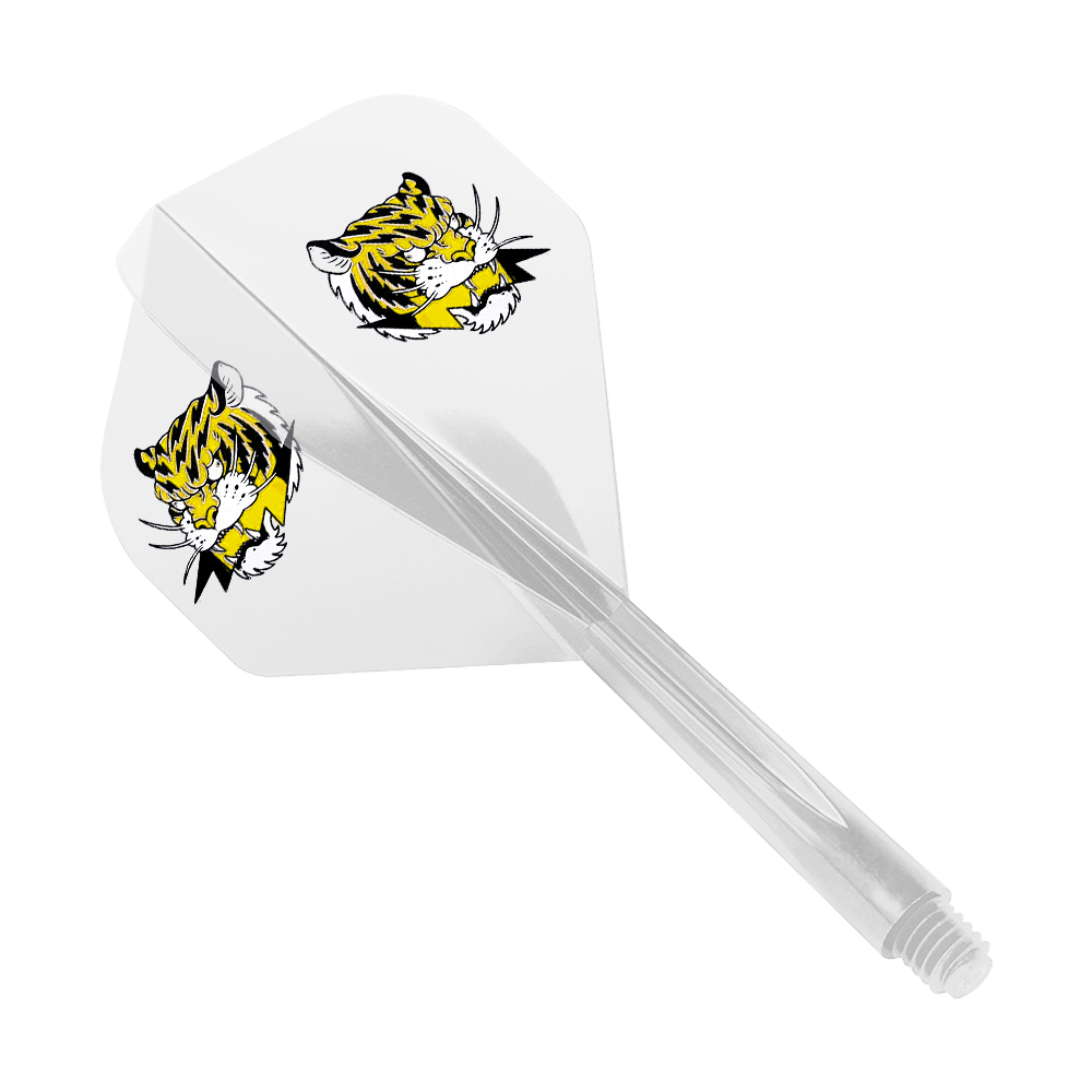 Condor AX Inazuma Tiger Mix Flight System Geel Helder - Standaard Das Bild zeigt das Produkt "Condor AXE Inazuma Tiger Mix Flight-System Yellow Clear - Standard". Auf dem weißen Flight sind zwei gelbe Tigerköpfe abgebildet.