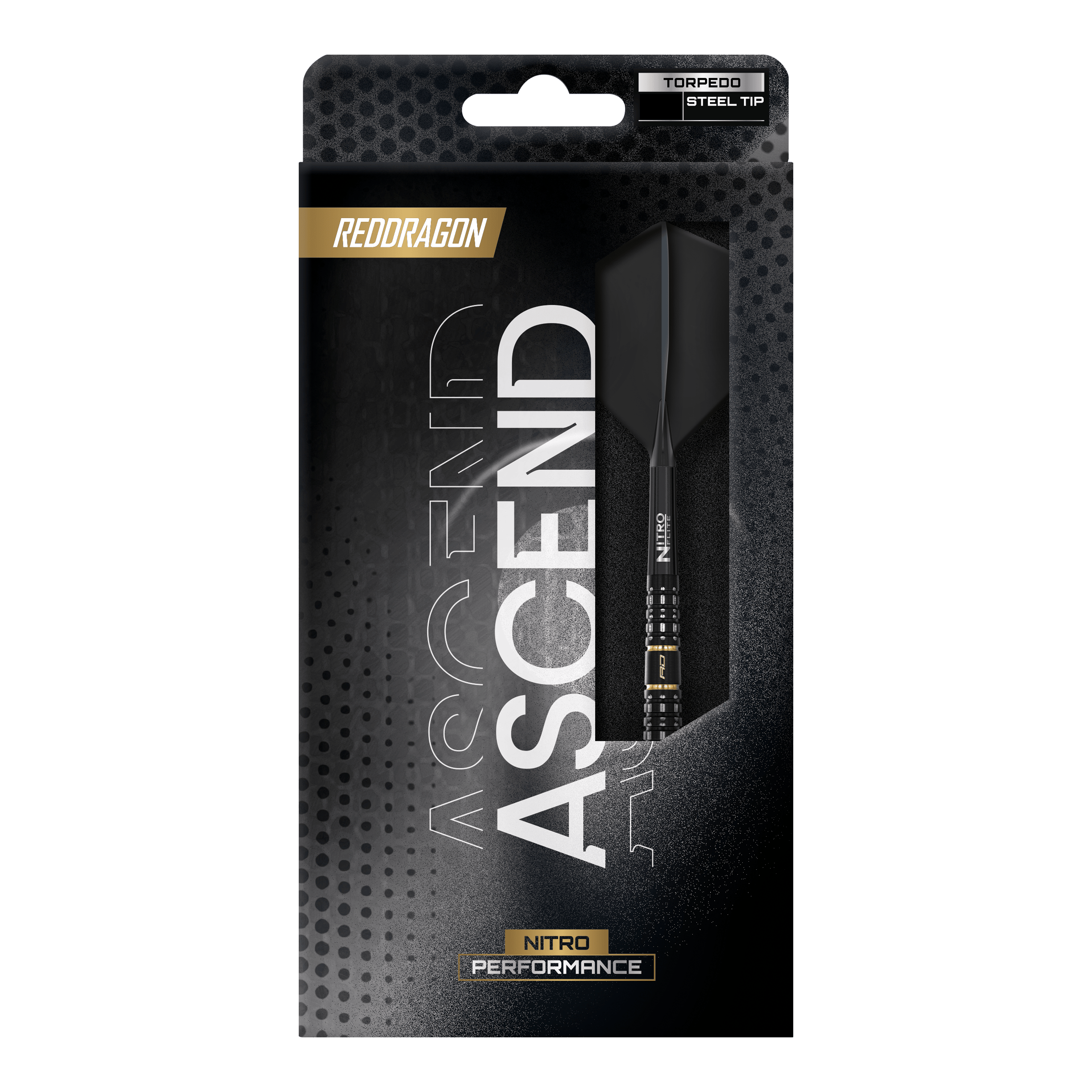 Red Dragon Ascend Torpedo Stalen Pijltjes Dargestellt sind die Red Dragon Ascend Torpedo Steeldarts. Das Bild fokussiert auf die Form und Struktur der Darts.