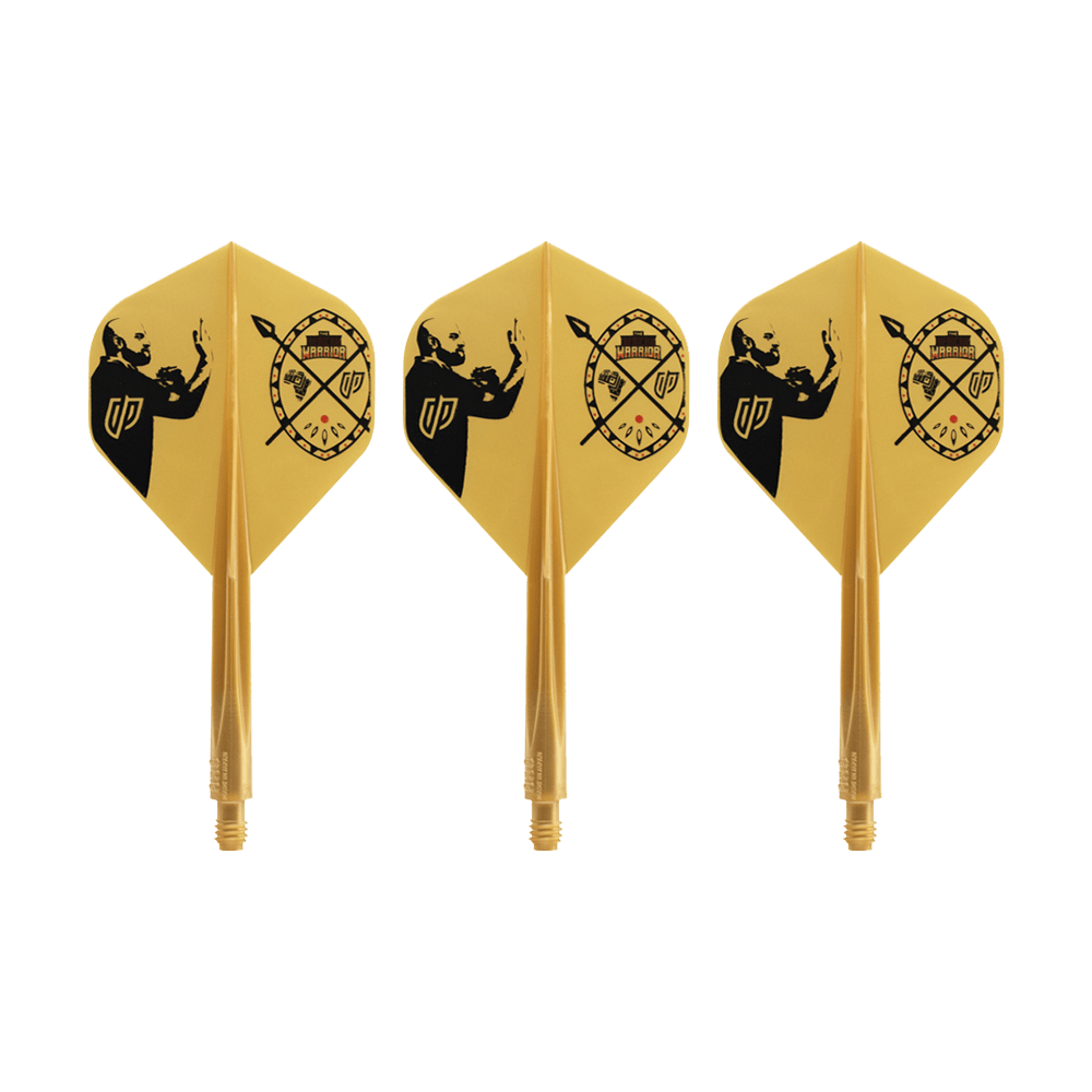 Condor AX Devon Petersen Inspiration Flight System - Standaard Auf dem Bild sind drei gelbe Dart-Flights mit schwarzem Motiv zu sehen. Sie tragen das Design des Condor AXE Devon Petersen Inspiration Flight-Systems in Standardform.
