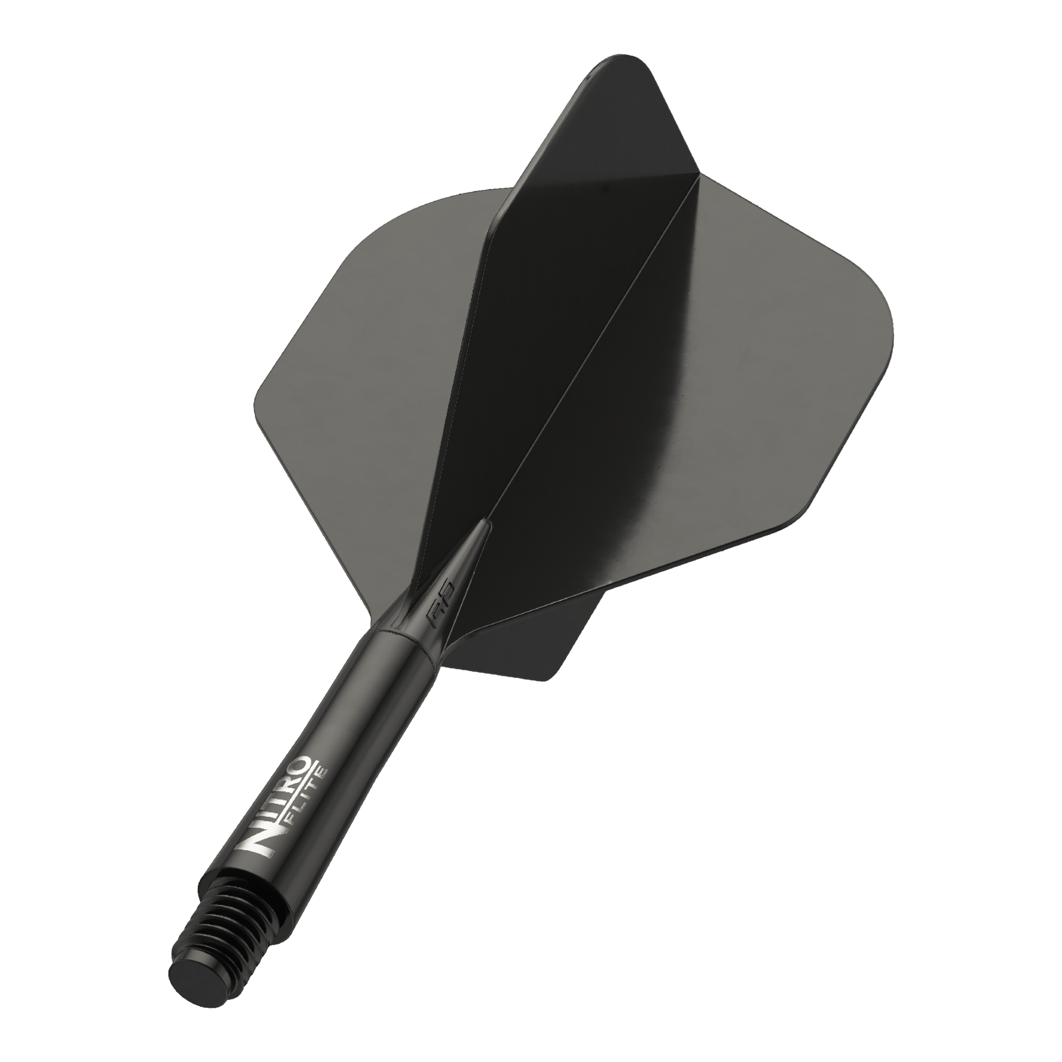 Auf dem Bild ist ein schwarzer Dart-Schaft mit schwarzen Flights zu sehen. Auf dem Schaft steht der Schriftzug "NITRO FLITE".