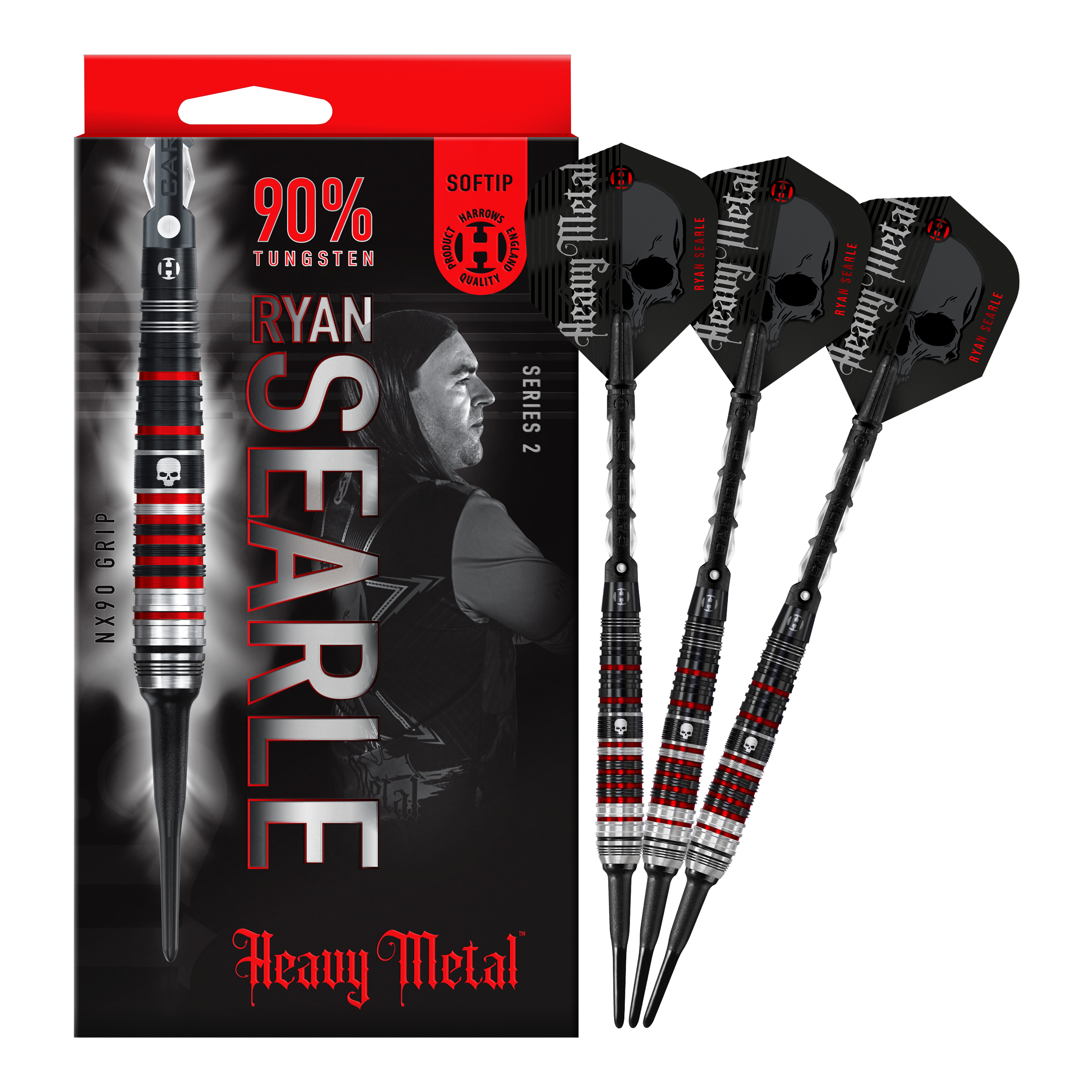 Harrows Ryan Searle Heavy Metal Series 2 Softdarts Das Bild zeigt die "Harrows Ryan Searle Heavy Metal Series 2 Softdarts" mit einer Verpackung und drei Darts. Die Darts bestehen zu 90 % aus Wolfram und haben ein schwarzes und rotes Design mit Totenkopf-Motiv.